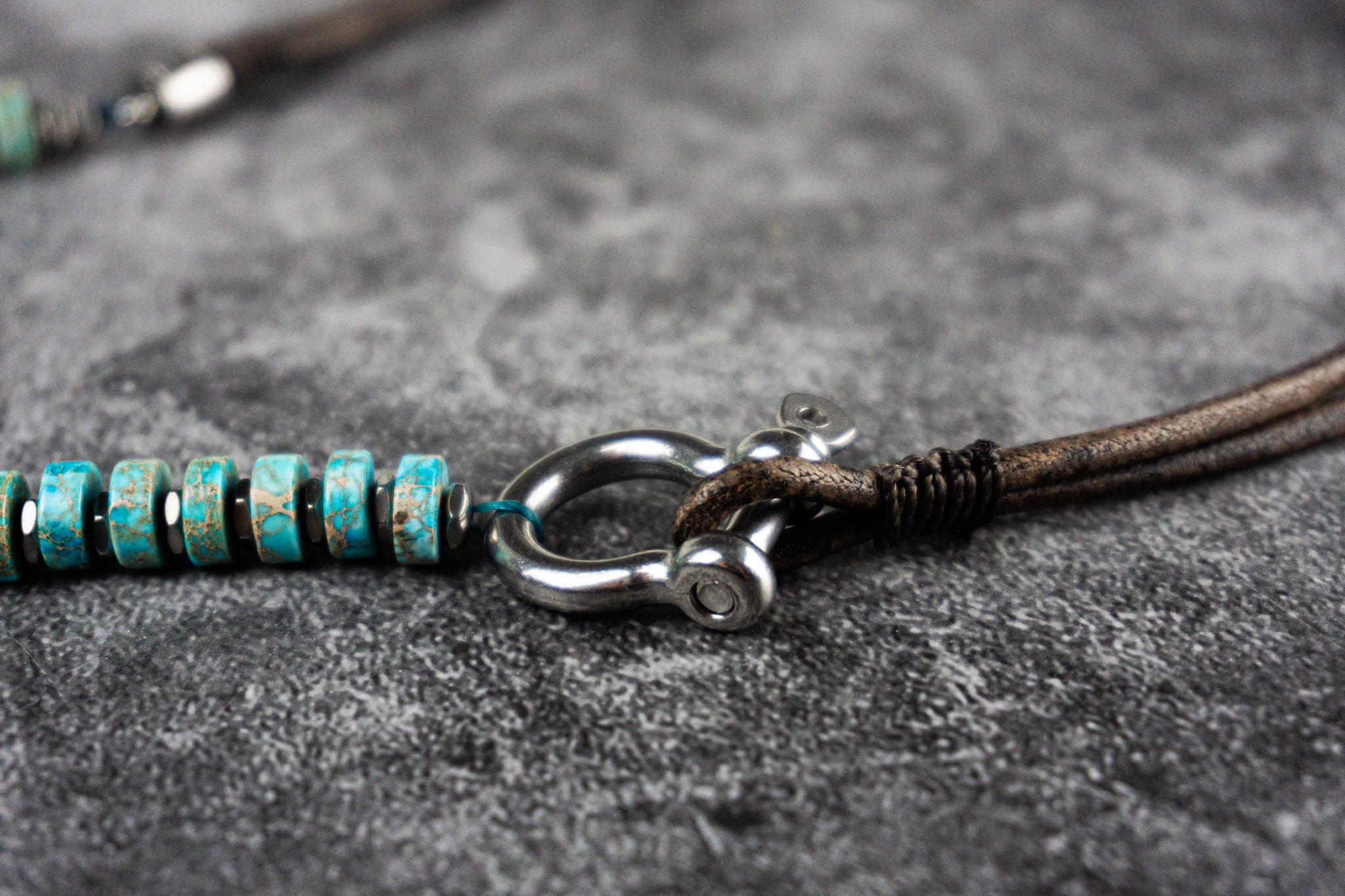 turquoise heishi bead necklace with vintage leather and stailess steel - wander jewellery