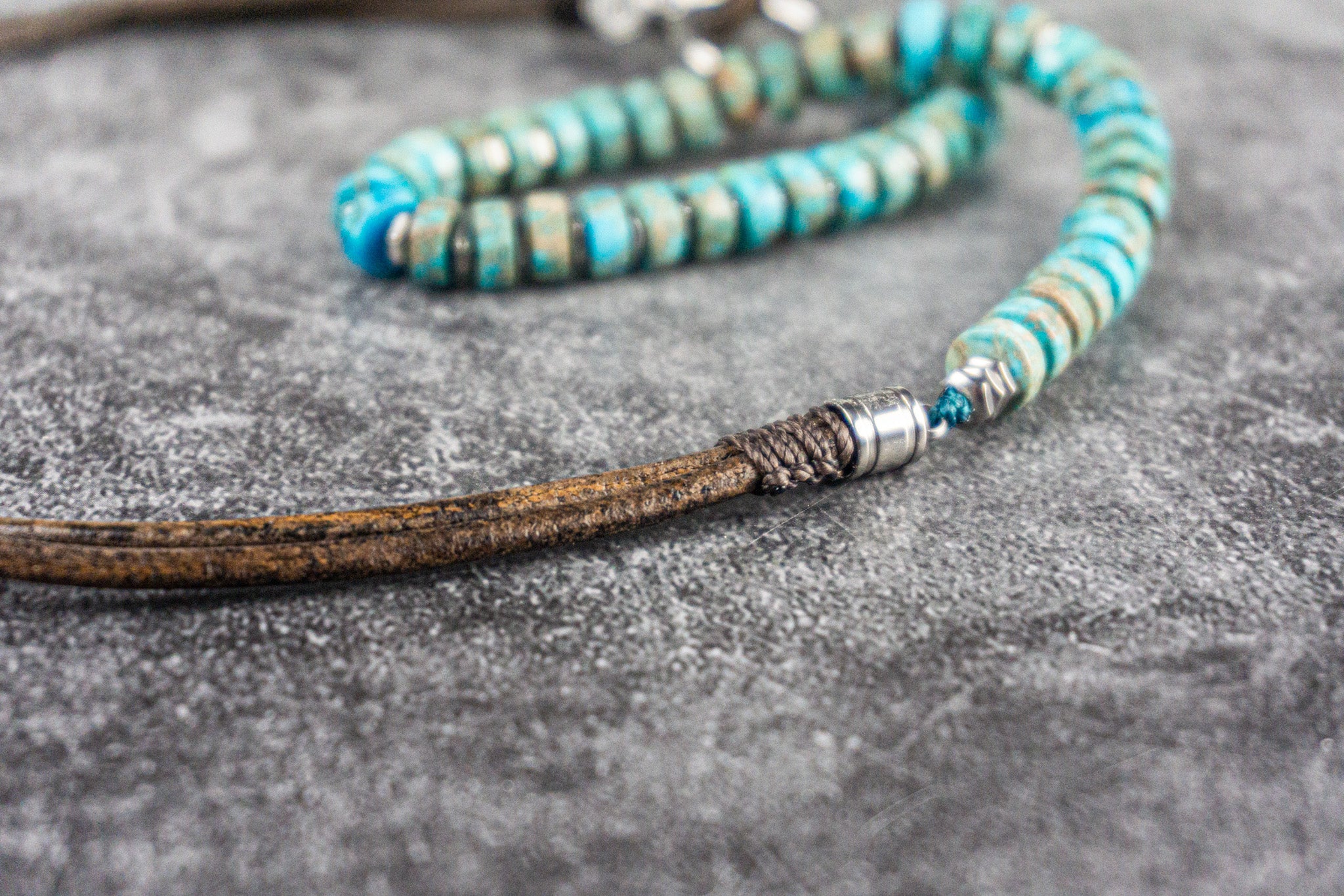 jasper turquoise beaded necklace with vintage leather and stailess steel - wander jewellery