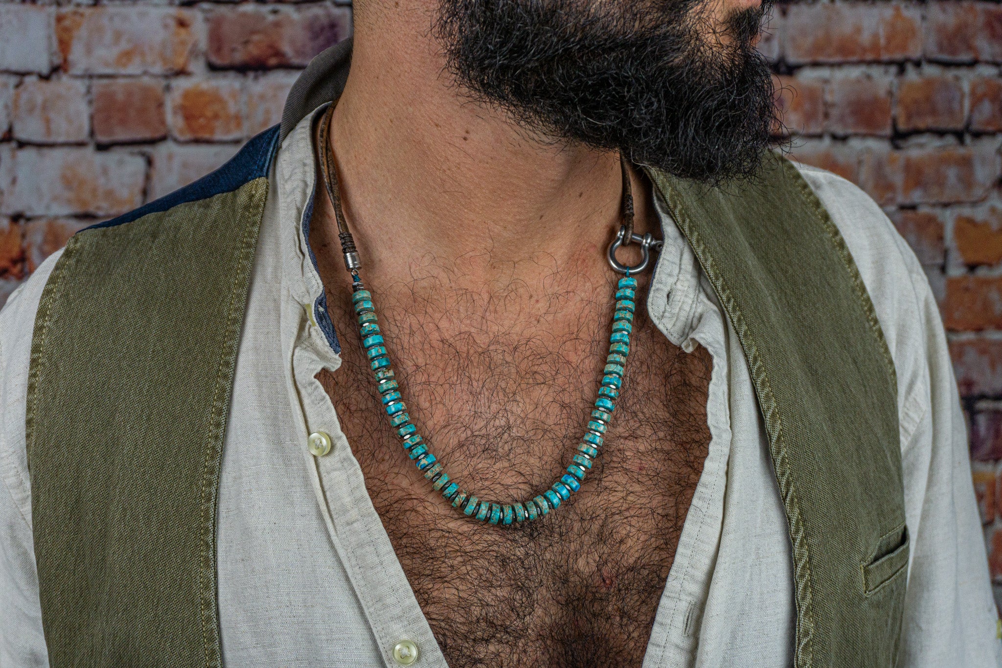 mens imperial jasper turquoise heishi bead necklace with vintage leather - wander jewellery