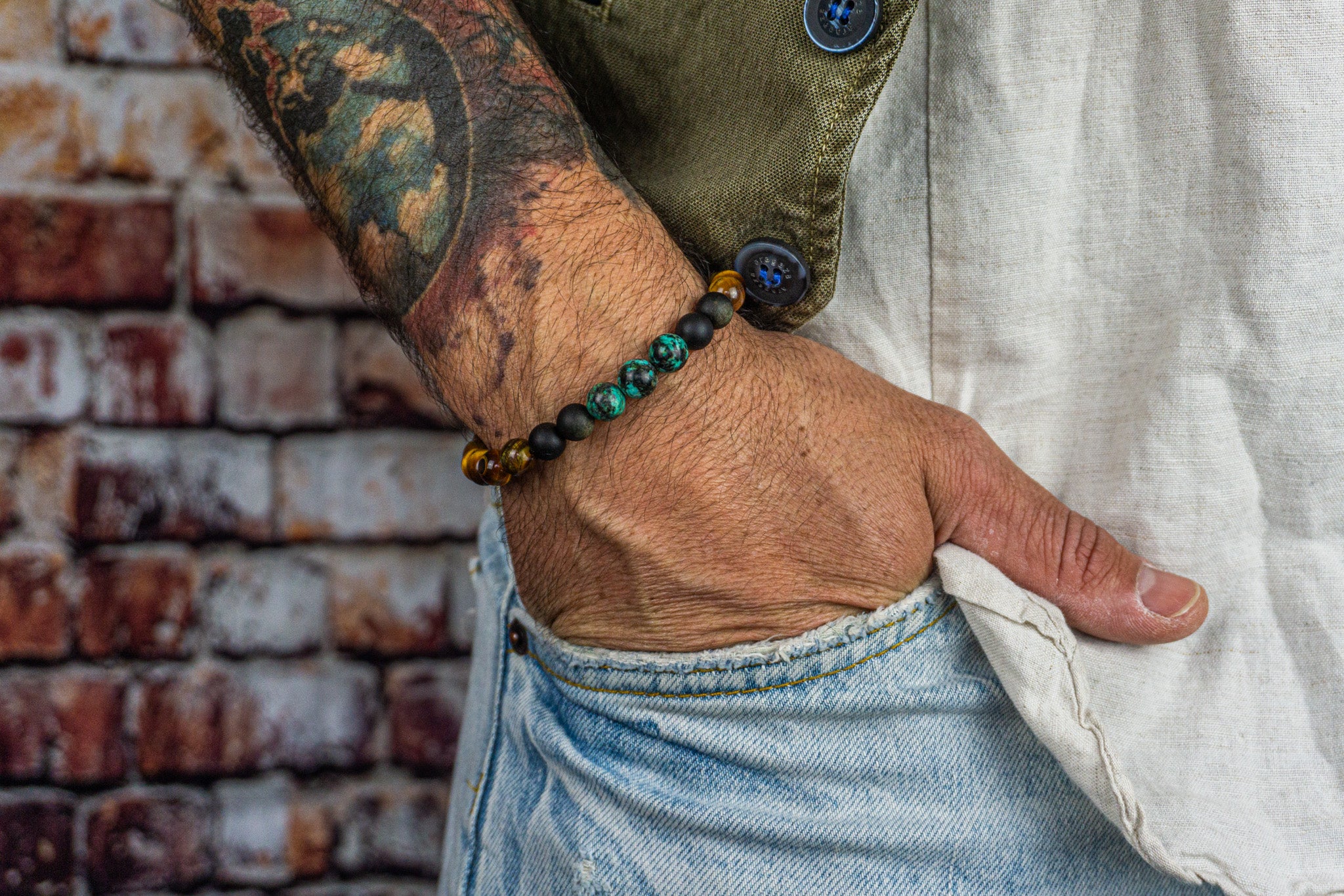 mens tiger eye-obsidian- turquoise jasper- triple gemstone beaded stetchy bracelet- wander jewellery