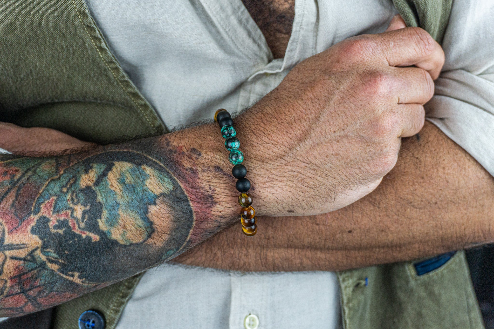 mens tiger eye-obsidian- turquoise - triple gemstone beaded stetchy bracelet- wander jewellery