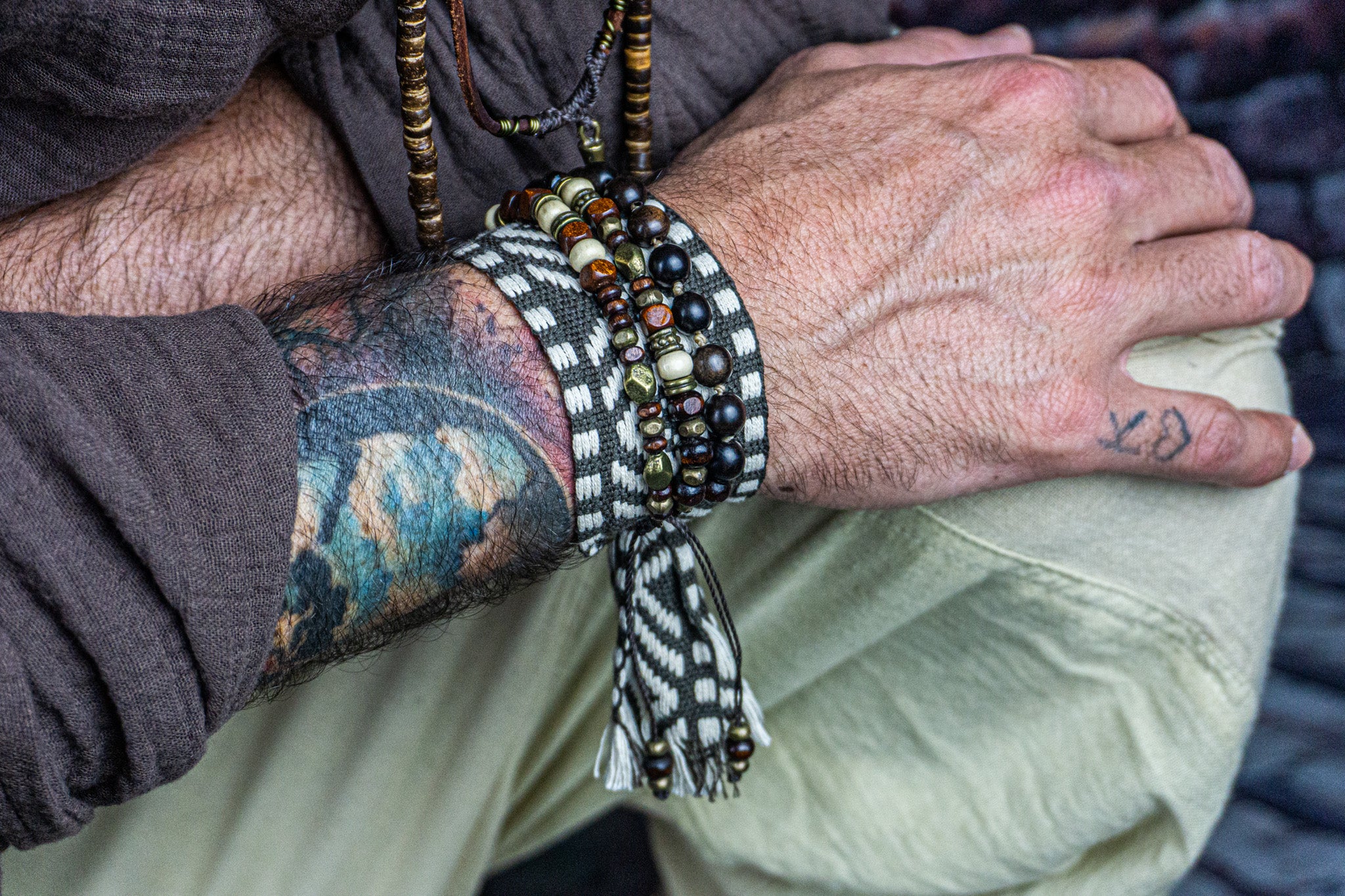 mens wooden triple bracelet set with tribal cotton cuff fabric bracelet- wander jewellery