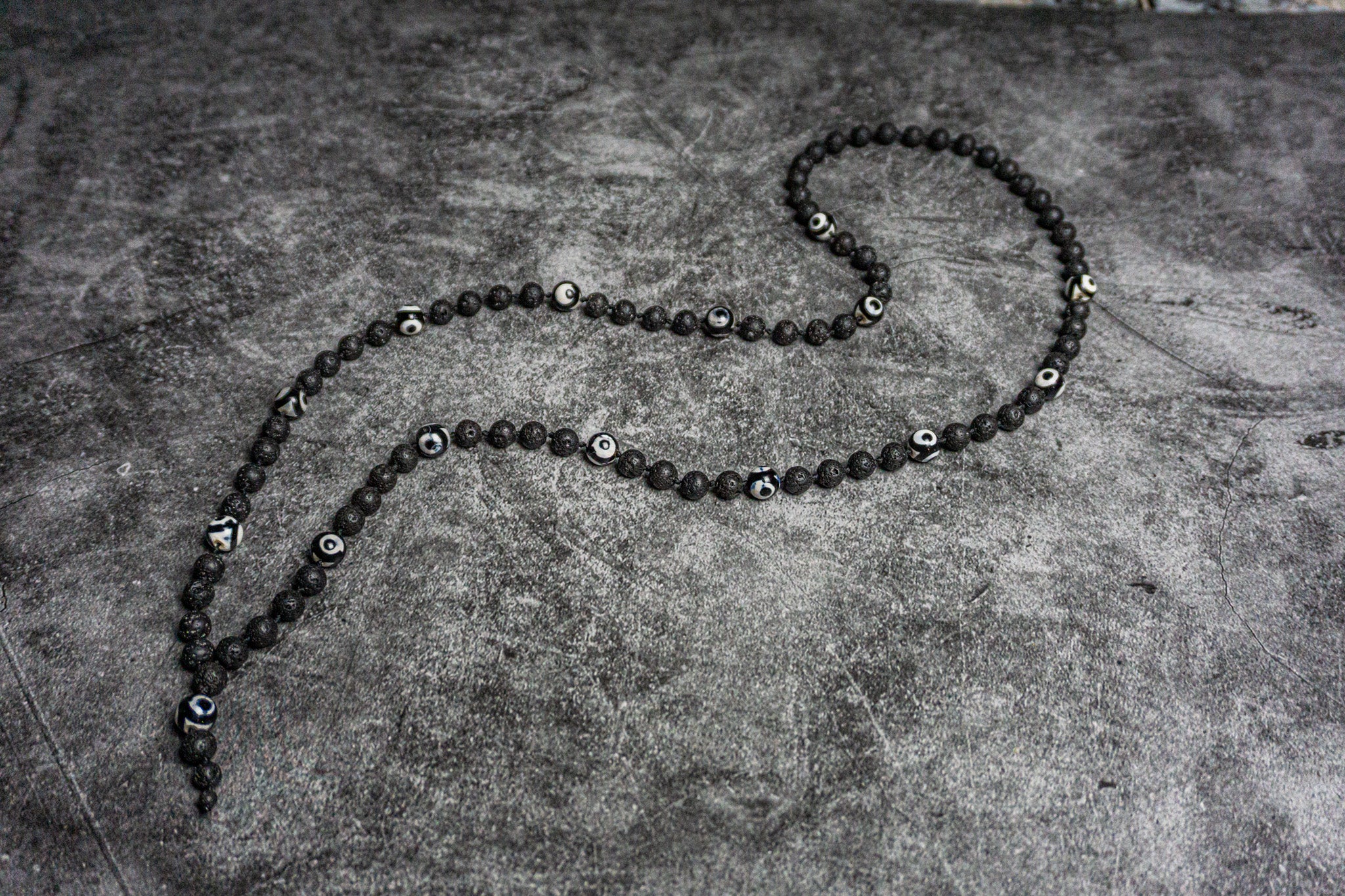  black lava stone mala necklace with third eye tibetan agate - wander jewellery