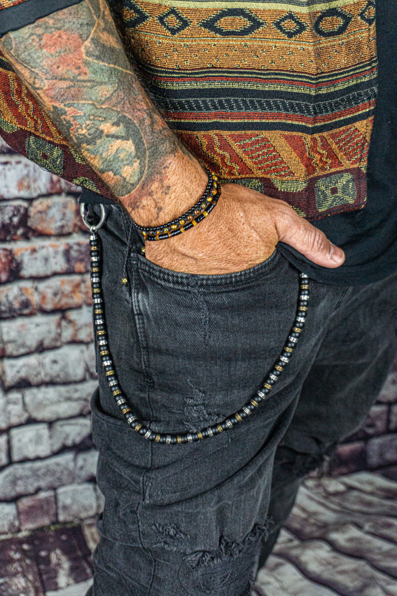 mens black beaded pants chain with bronze and silver colored spacer beads- wander jewellery