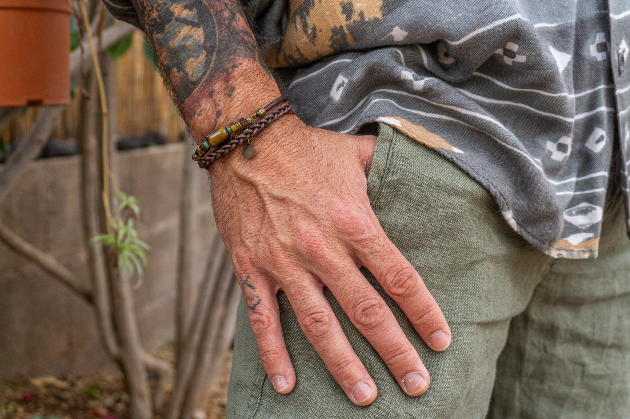 mens bracelet set made of leather and tiger eye beads- wander jewellery