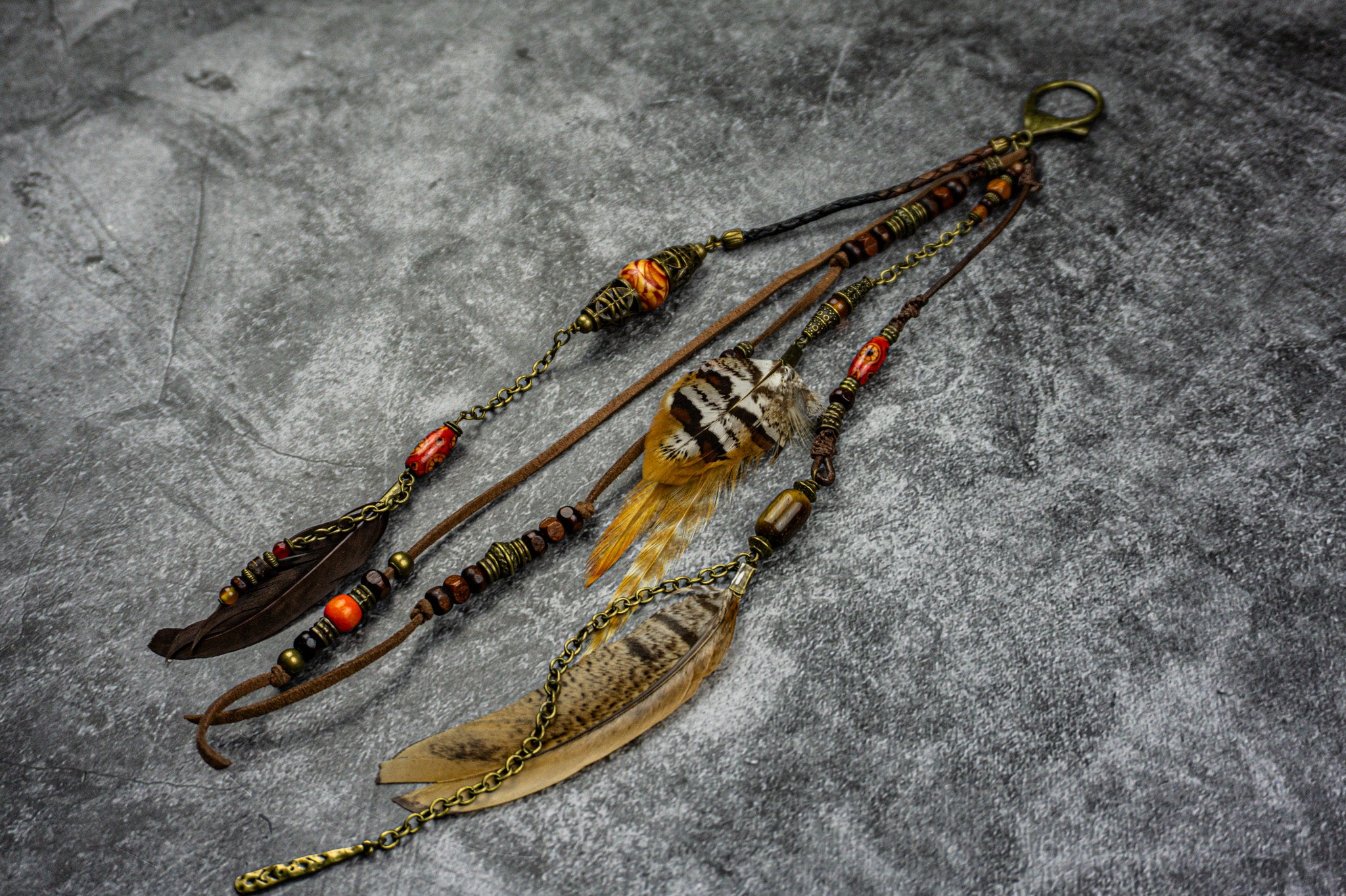 Boho Feather Leather Multiuse Clip- Keycahin- Bag & Guitar Accessory