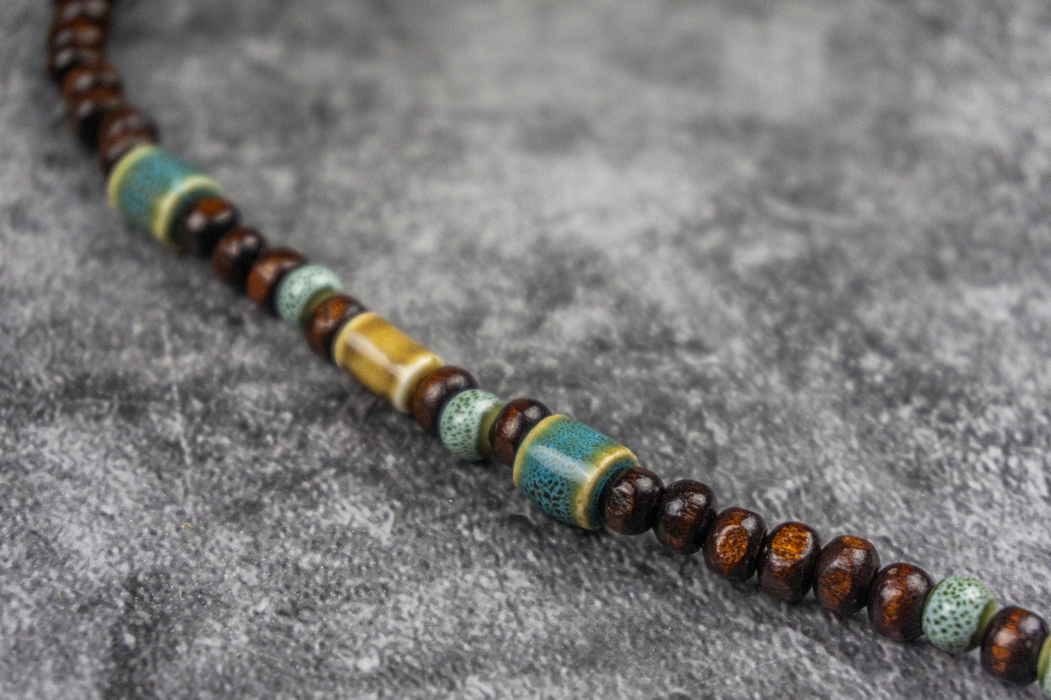 Everyday Long Wooden Bead Necklace with Earthy Ceramic Accents