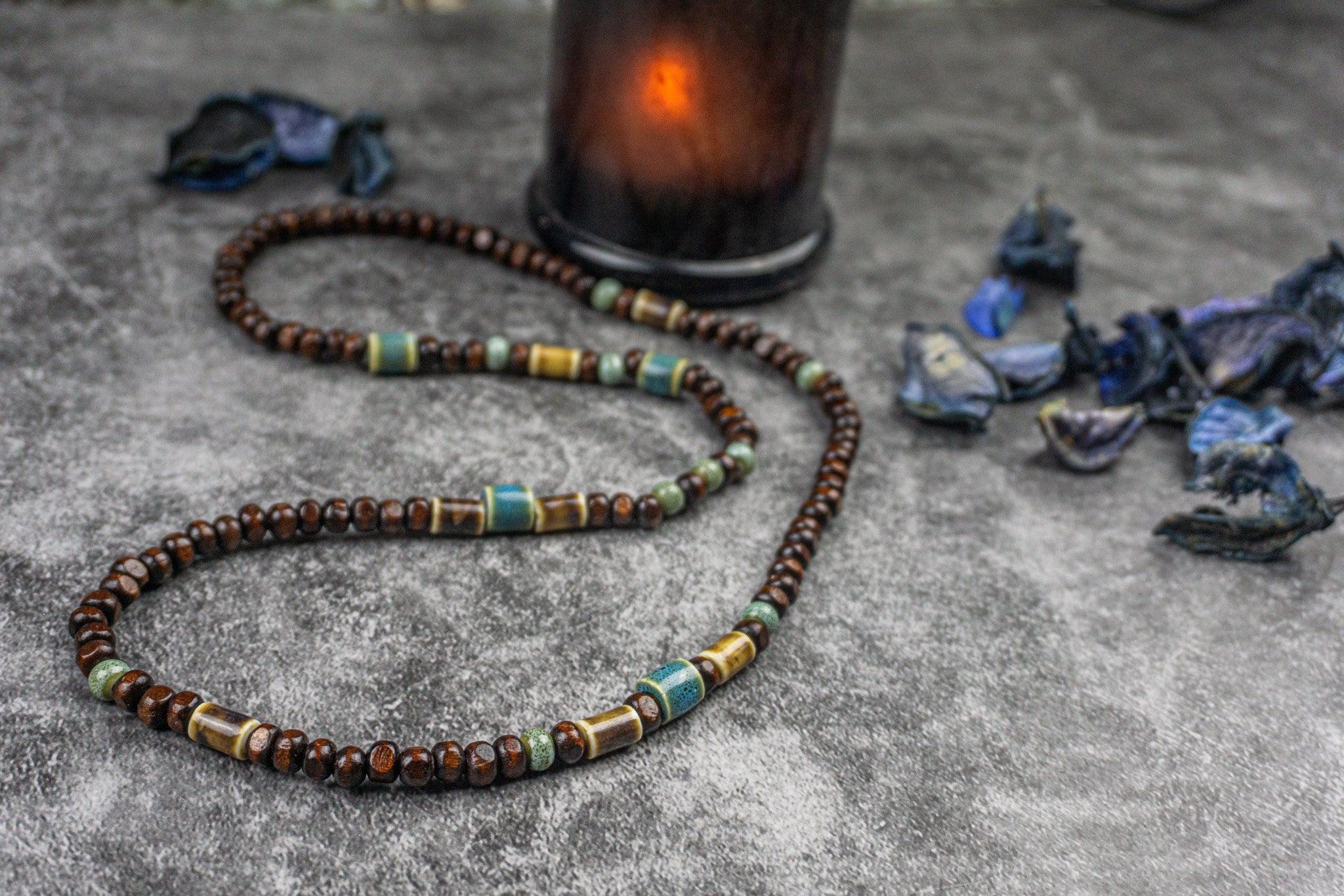 Everyday Long Wooden Bead Necklace with Earthy Ceramic Accents