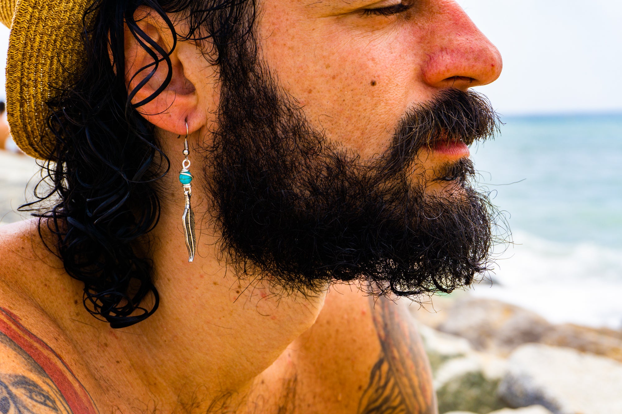 mens silver feather dangle earring with turquoise gemstone- wander jewellery