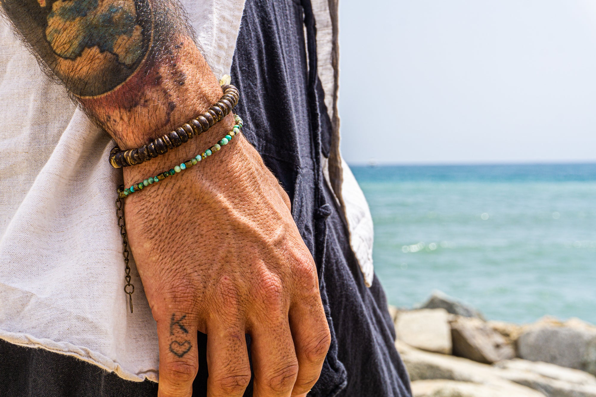 mens double bracelet set made of coconut shell and African turquoise gemstones- wander jewellery