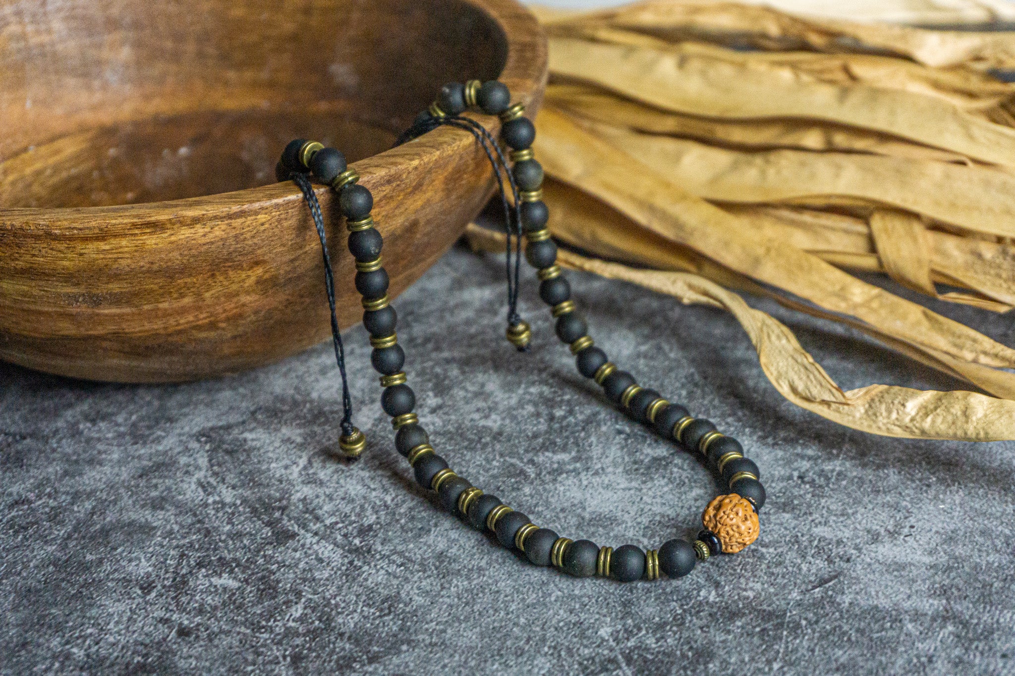 black golden obsidian beaded necklace with brass and rudraksha sees as central piece- wander jewellery