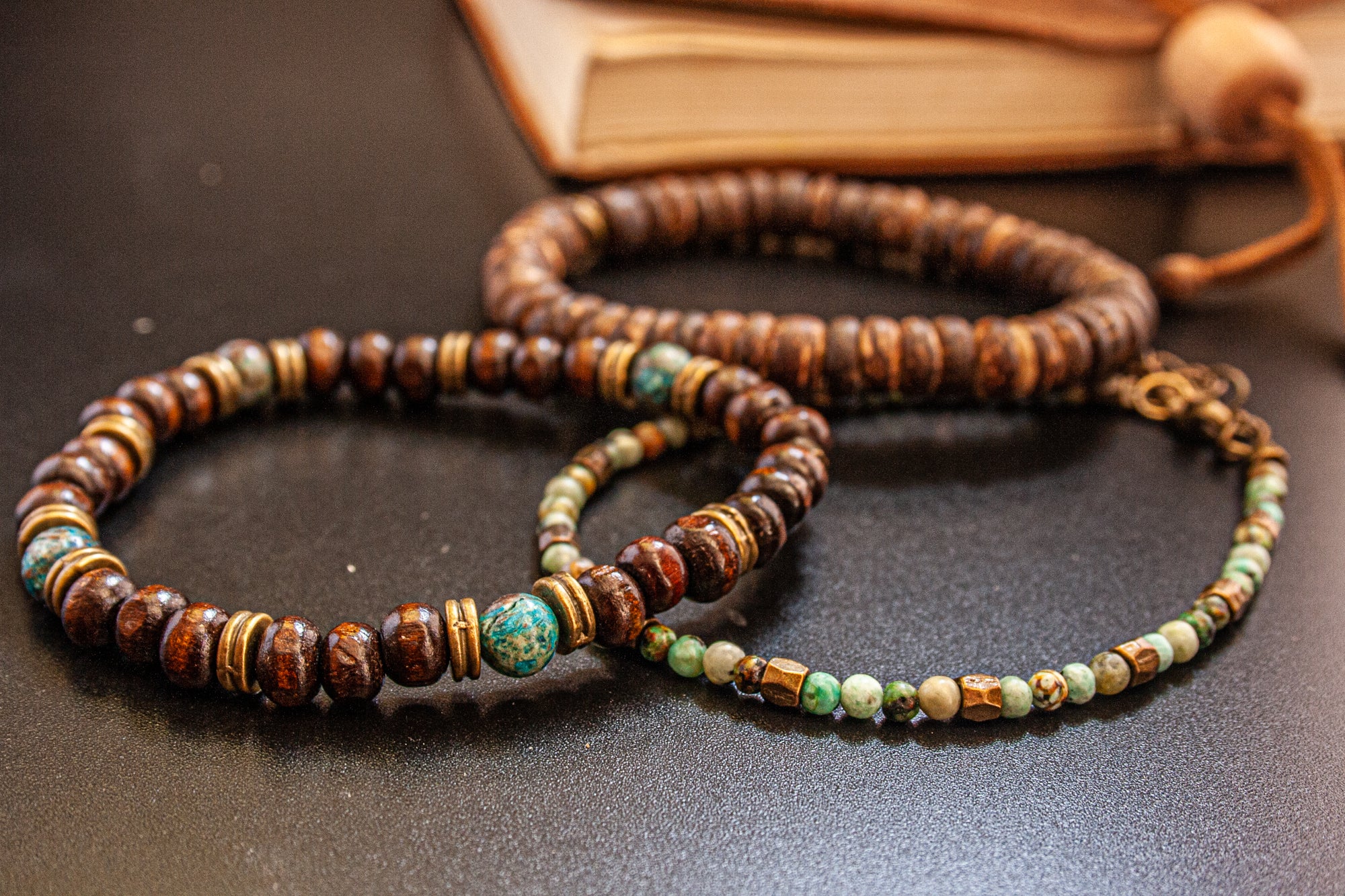 triple bracelet set made of coconut shell, wooden beads, ocean jasper and African turquoise gemstones- wander jewellery