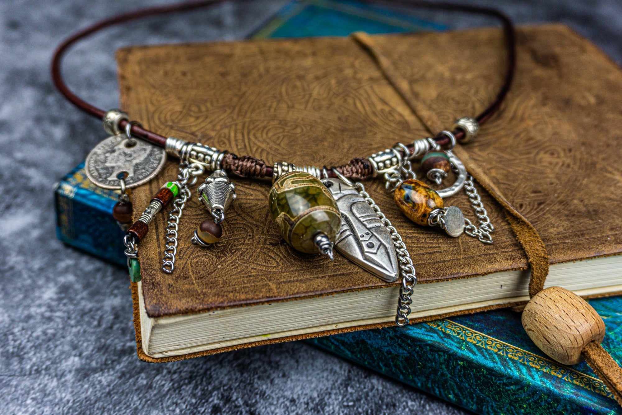 leather necklace with silver and gemstone charms- wander jewellery