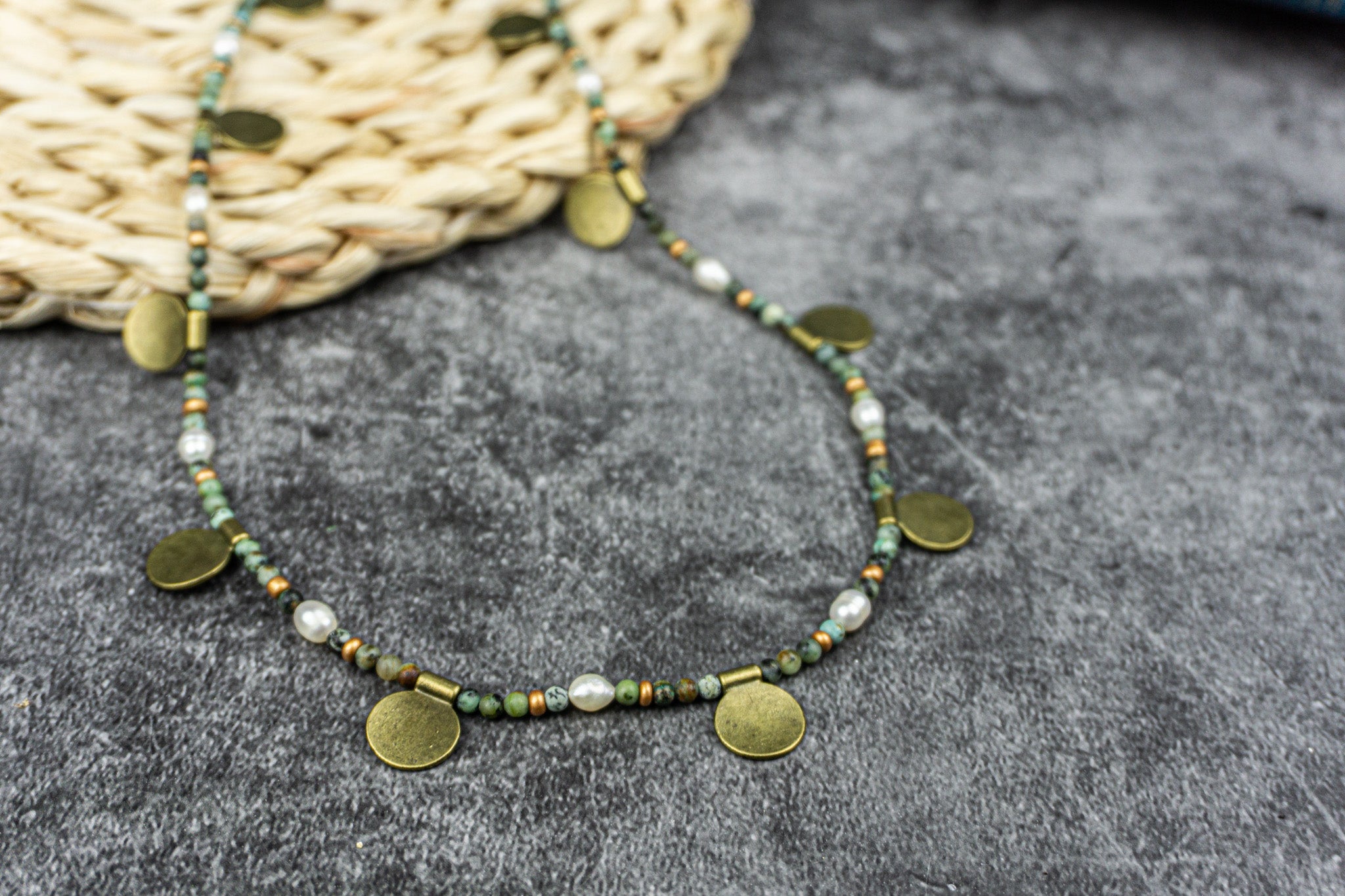 Sexy body jewelry with African turquoise jasper beads, pearls, and bronze coins on a boho belly chain – Wander Jewellery