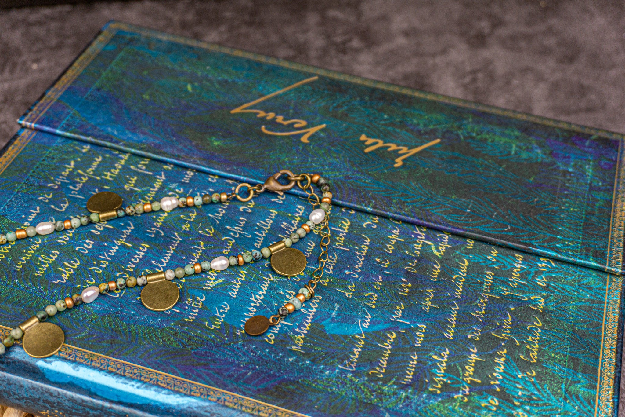 chain with African turquoise, pearls, bronze coins and brass lobster closure, perfect for adding a summery touch – Wander Jewellery