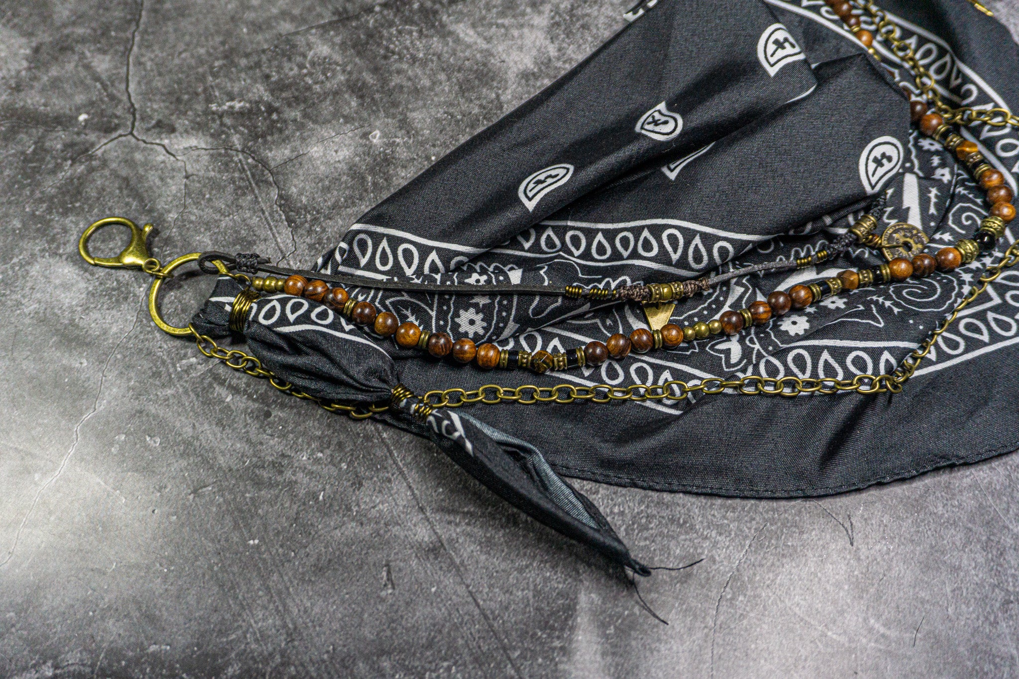 black bandana with leather wood and chain layered keychain- wander jewellery