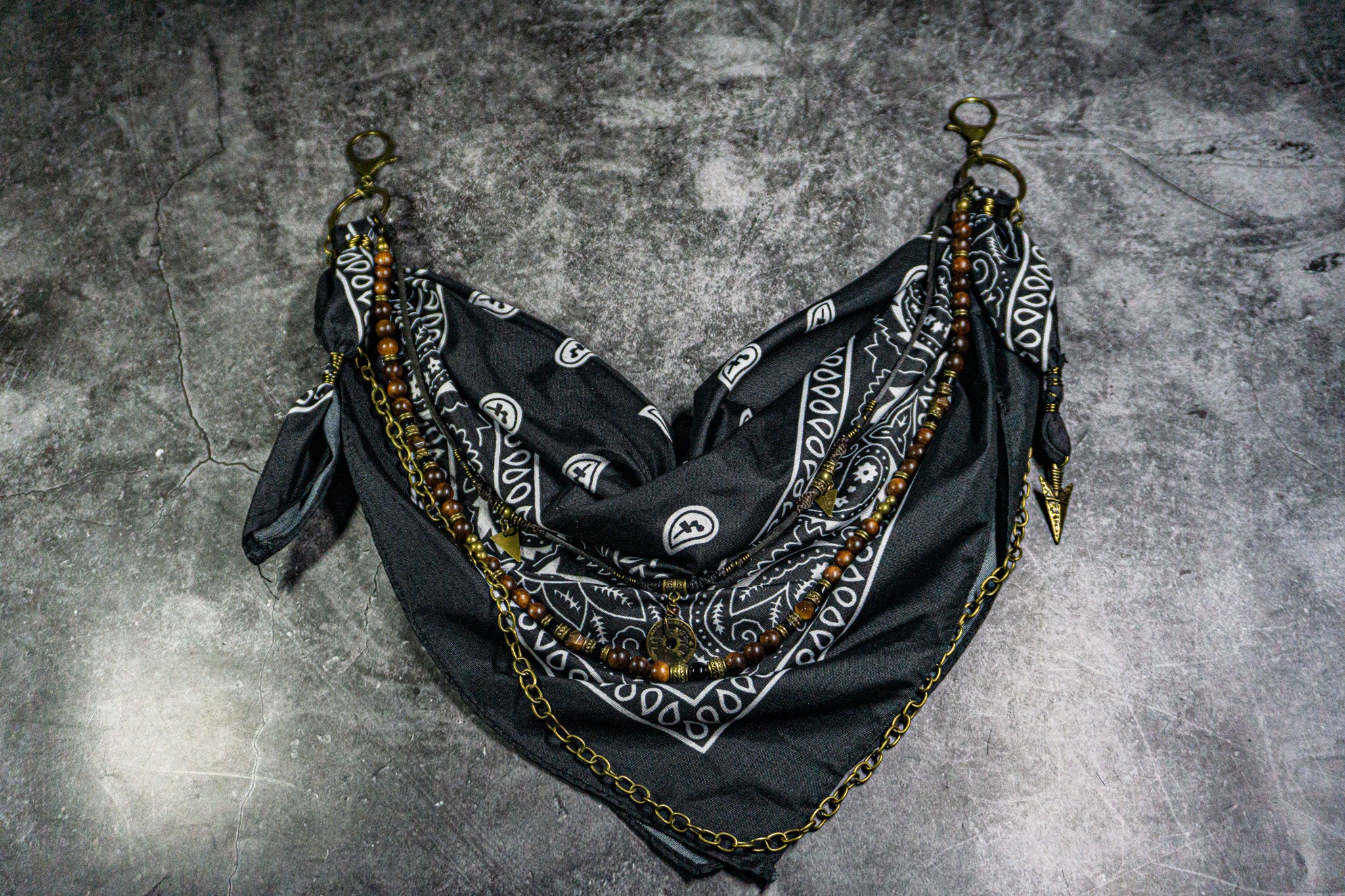 black bandana with leather wood and chain layered pants chain - wander jewellery