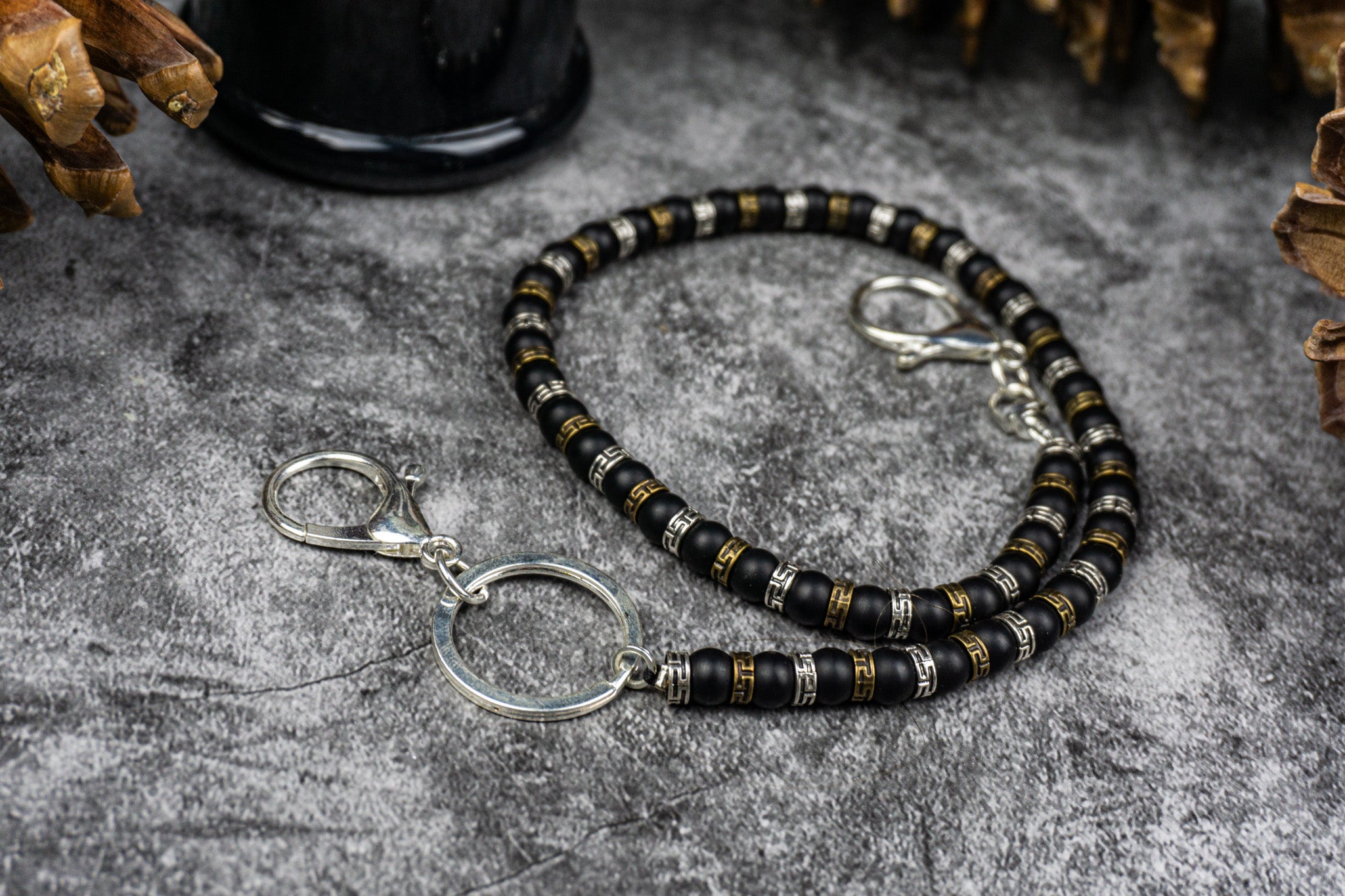 black pants chain with bronze and silver colored beads- wander jewellery