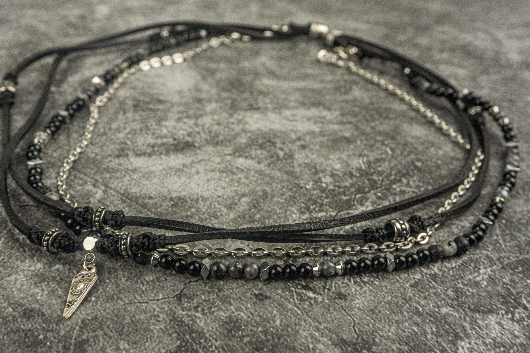 black leather and gemstone layered chain choker necklace - wander jewellery