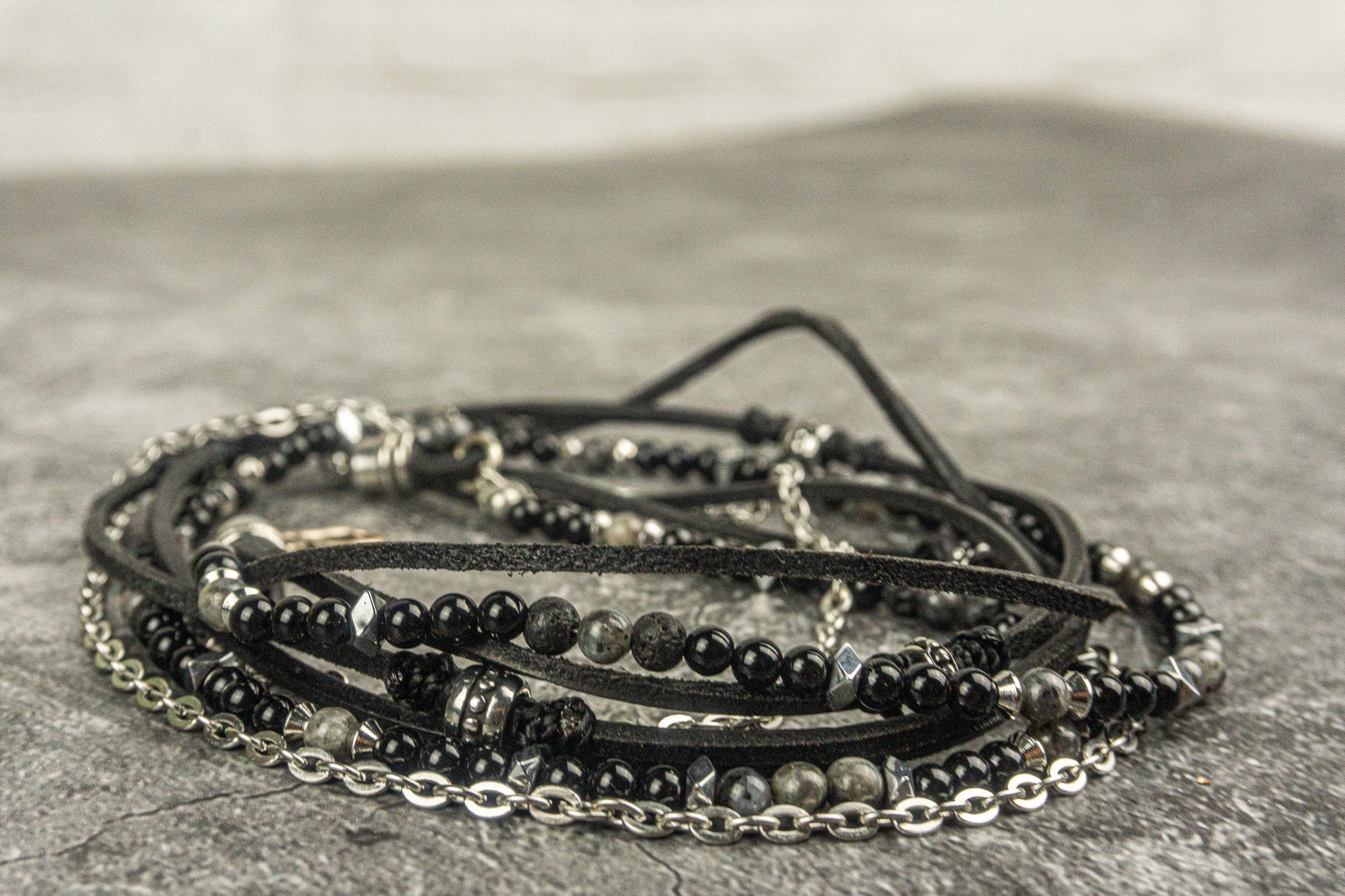 black leather and gemstone layered chain necklace - wander jewellery