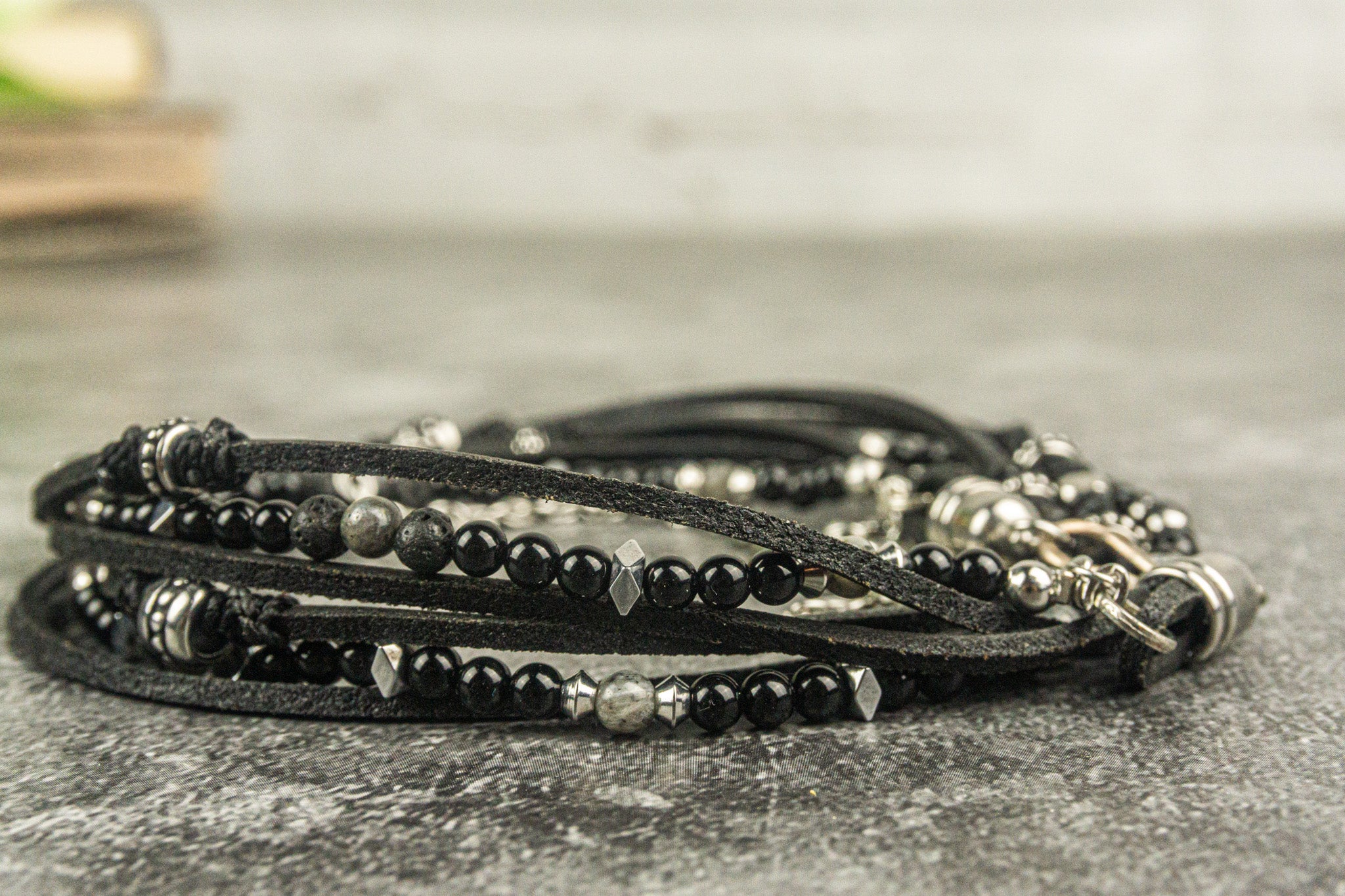 black leather and gemstone multi strand chain choker necklace - wander jewellery