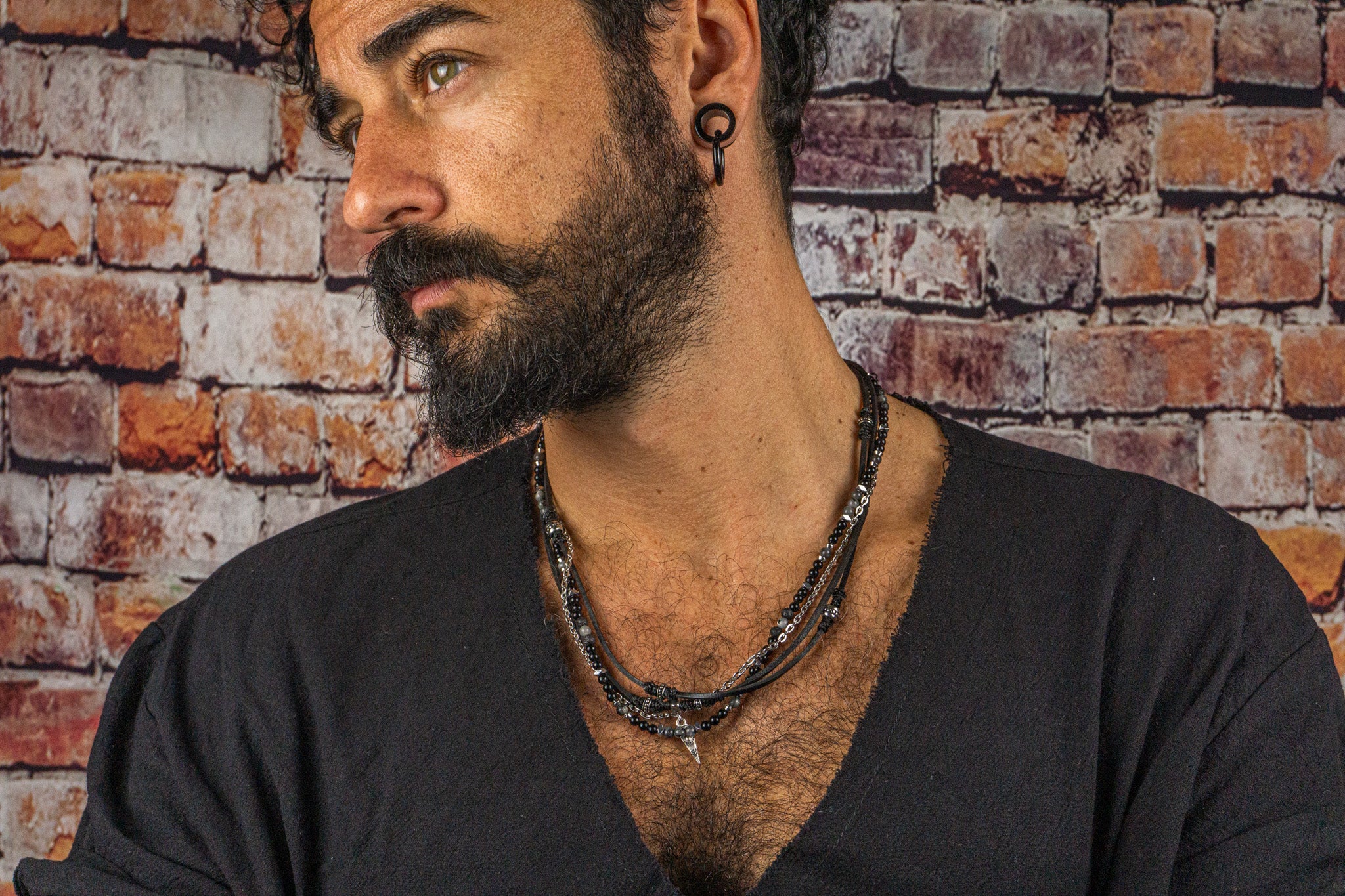 mens black leather and gemstone multi layer chain choker necklace - wander jewellery