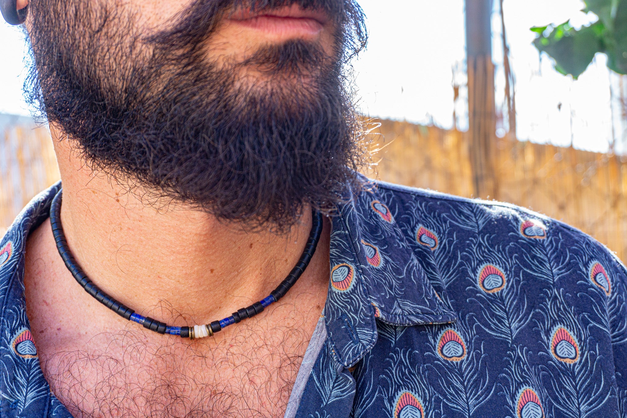 mens black coconut shell heishi bead  choker with lapis lazuli and seashell- wander jewellery