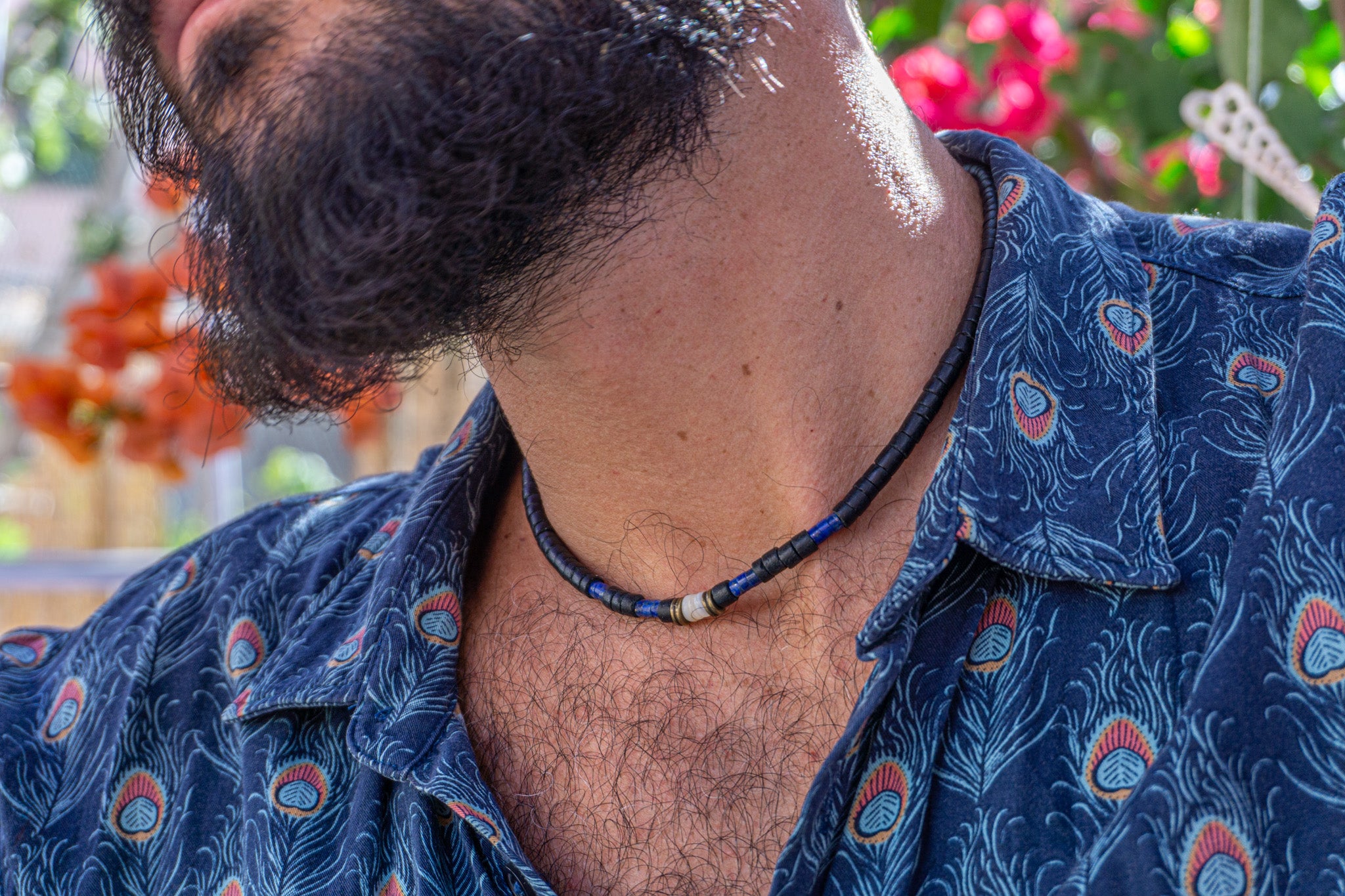 mens black coconut heishi bead choker with lapis lazuli and seashell- wander jewellery