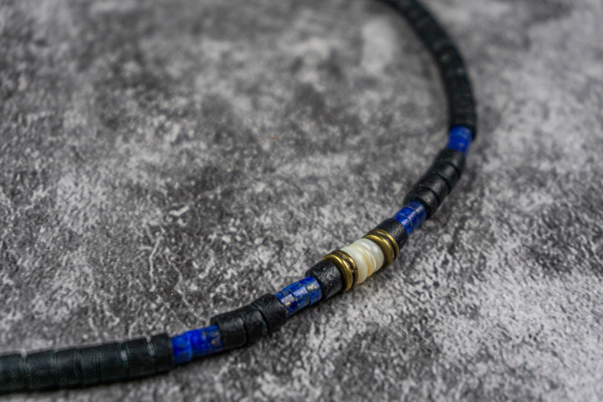 coconut shell heishi bead choker necklace with lapis lazuli and seashell- wander jewellery