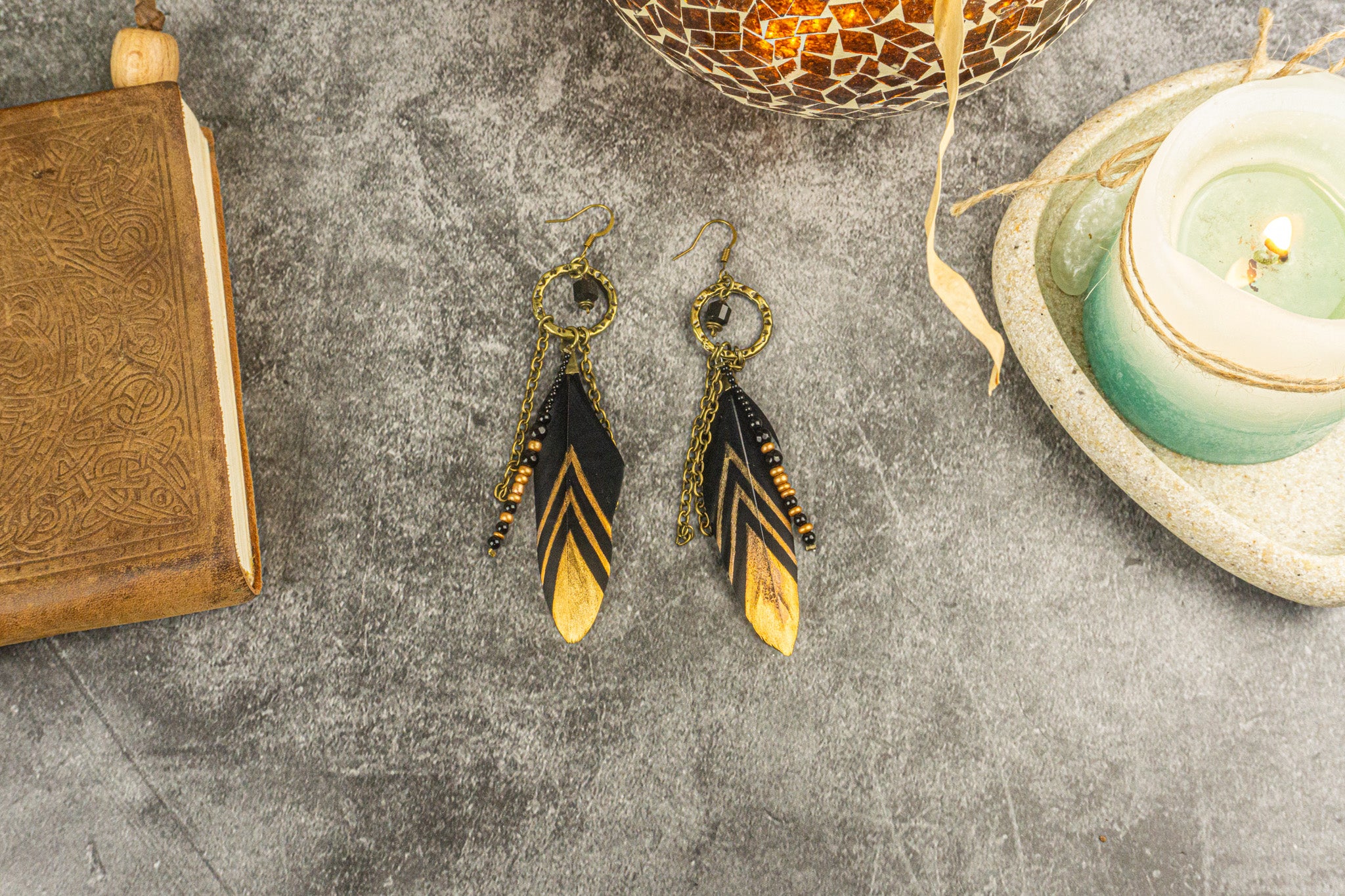 black and gold boho chic feather earring with beads and gemstones- wander jewellery
