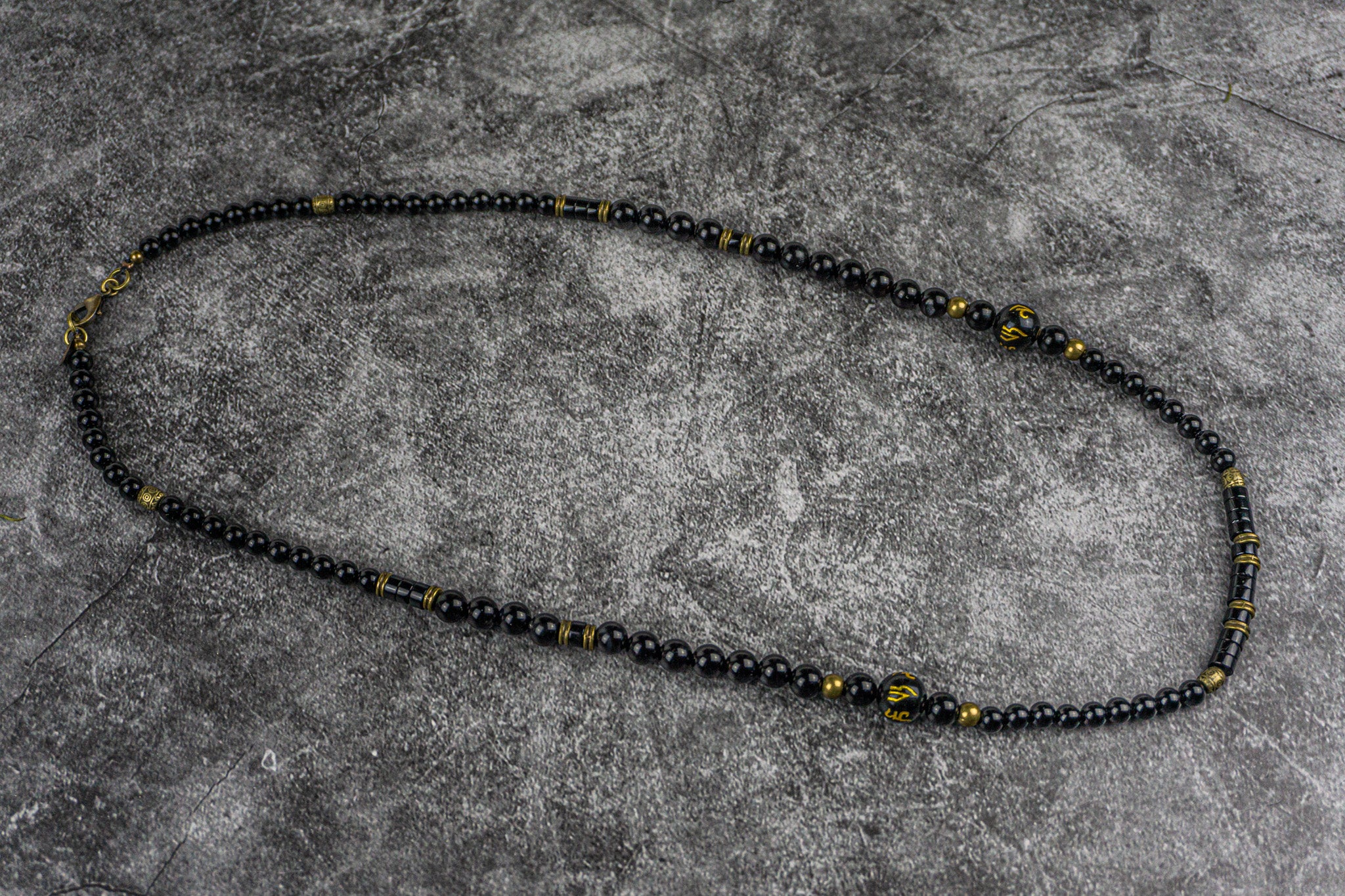 black onyx and antique gold long elegant tibetan necklace- wander jewellery