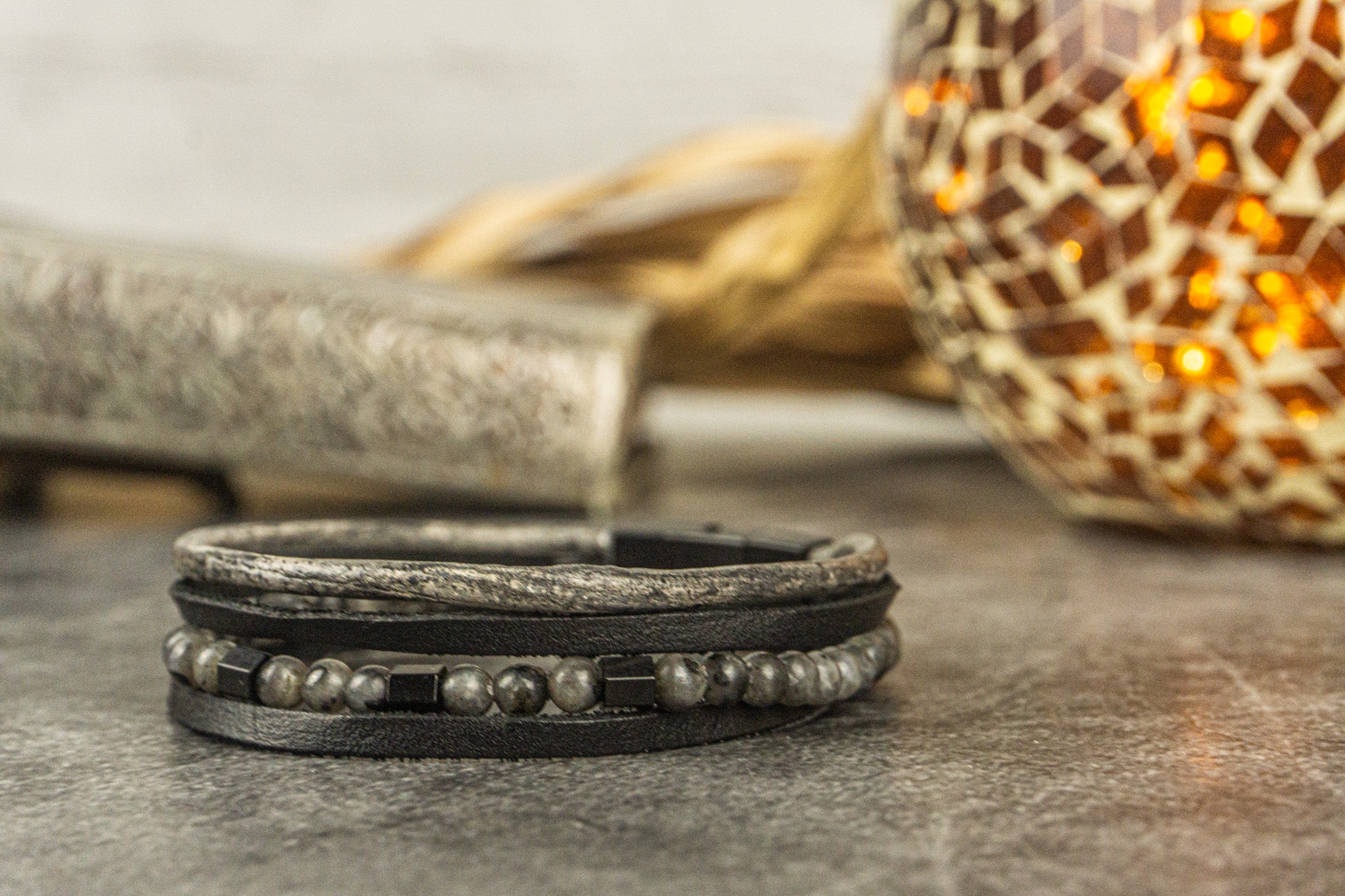 black and greay genuine vintage leather layered bracelet with labradorite gemstones - wander jewellery