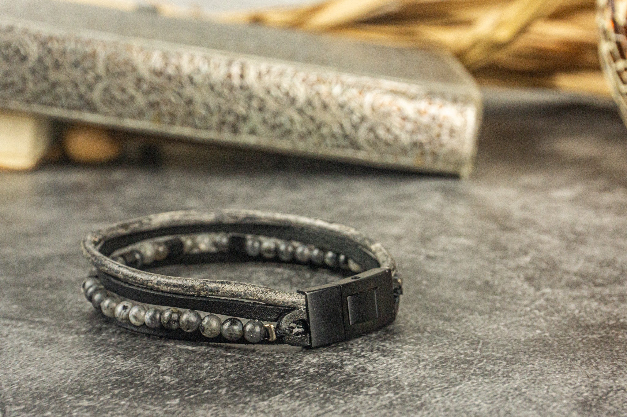 vintage leather layered bracelet with labradorite gemstones and black stainless steel closure - wander jewellery