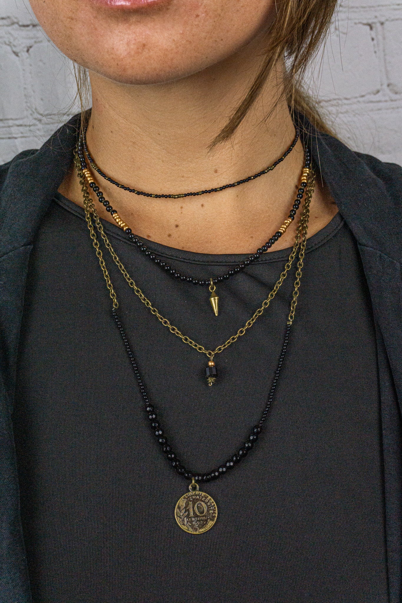 black onyx and chain layered choker necklace set with coin pendant- wander jewellery