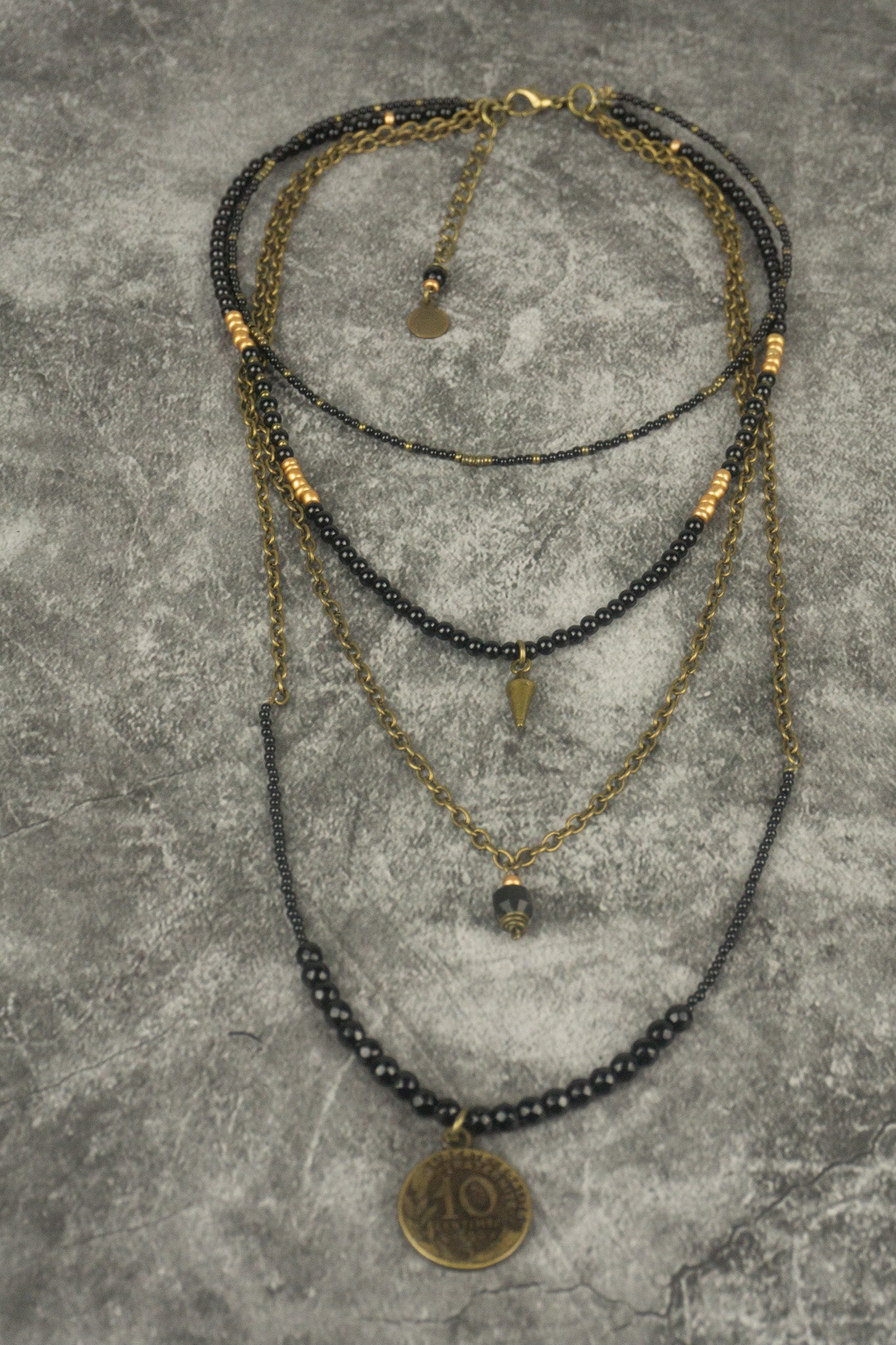 black onyx and chain layered choker necklace set with coin charm- wander jewellery