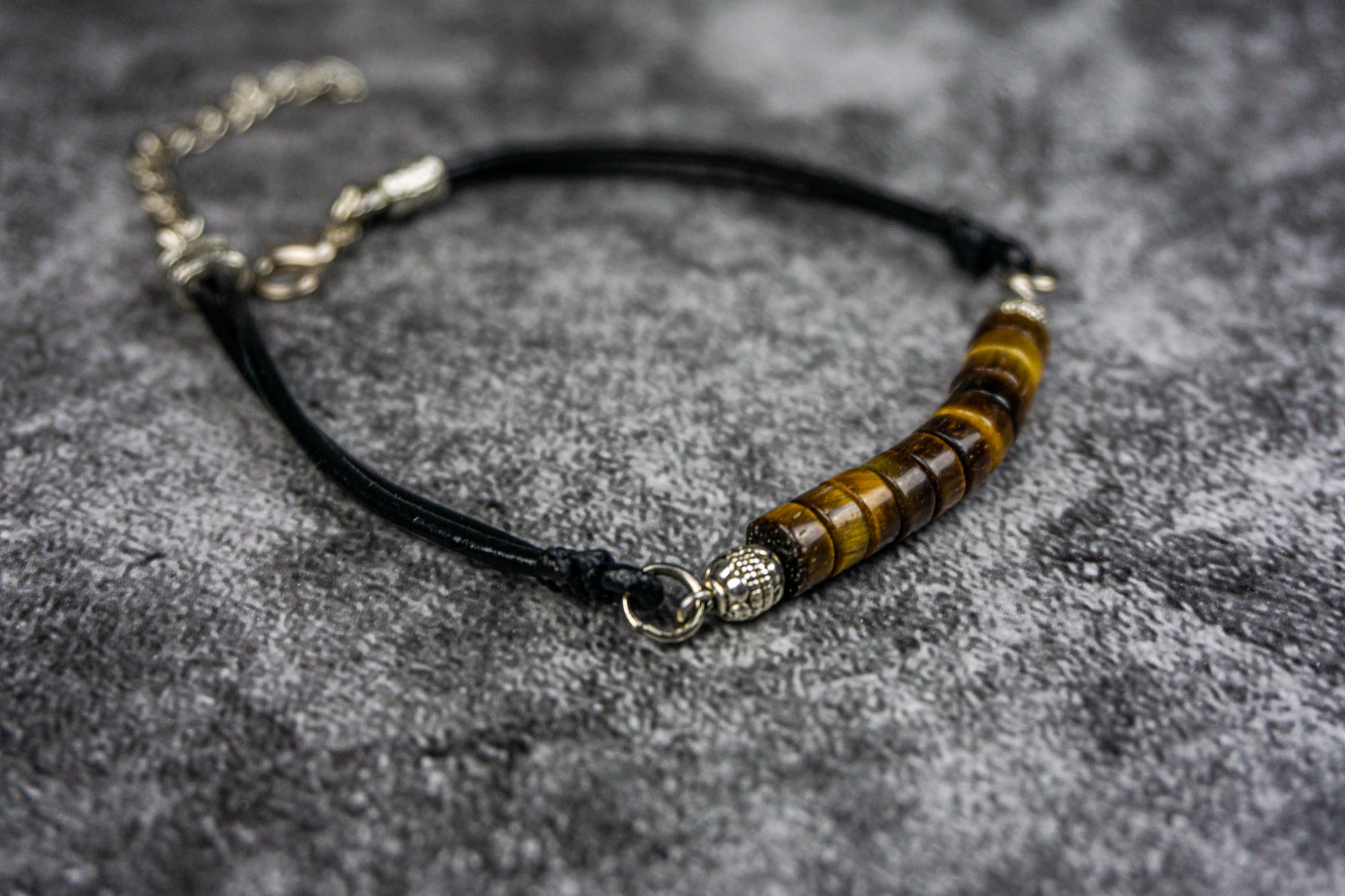 leather bracelet with tiger eye heishi gemstone beads and silver details- wander jewellery