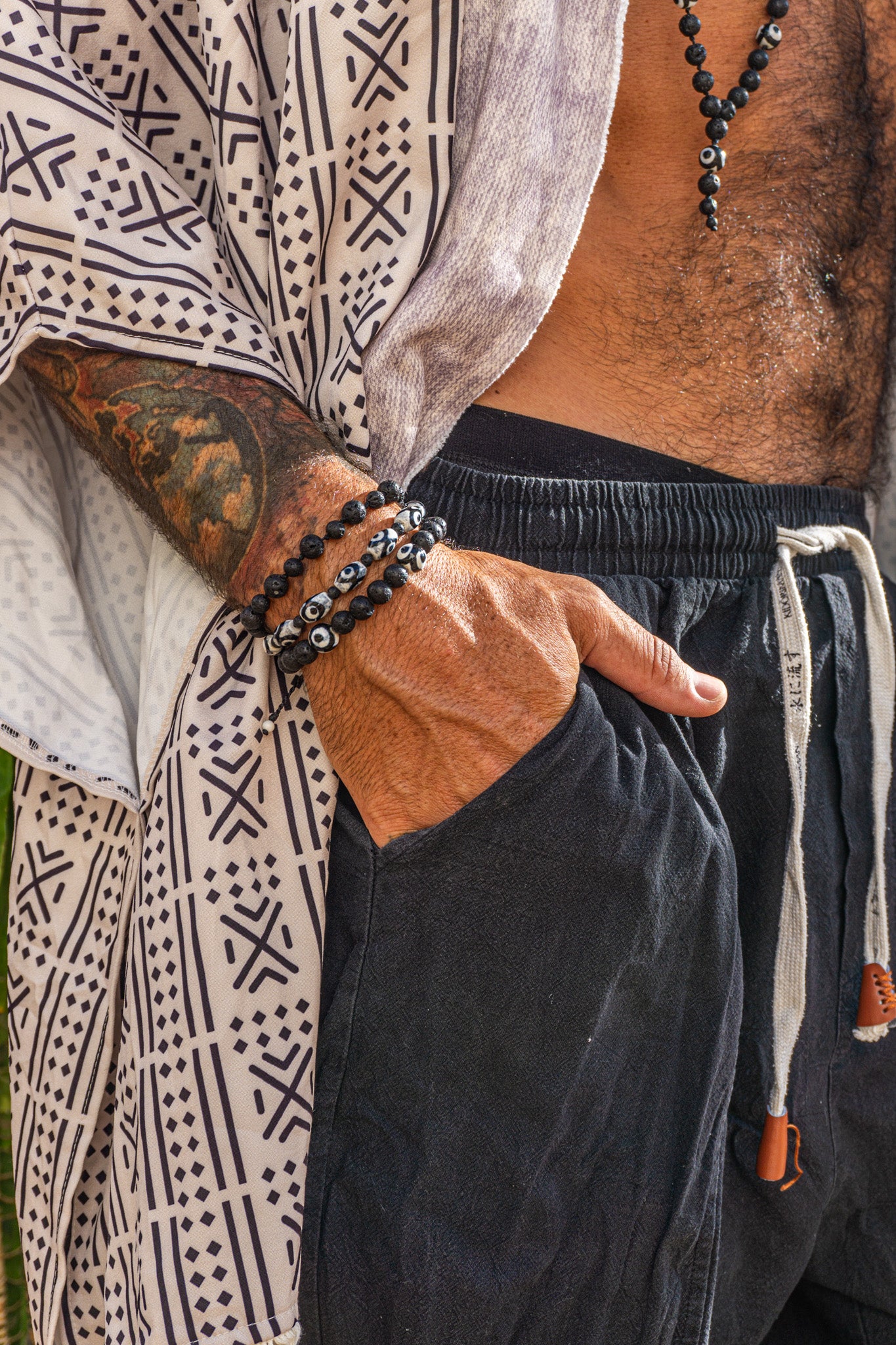 beaded lava stone triple bracelet set with third eye tibetan agate - wander jewellery