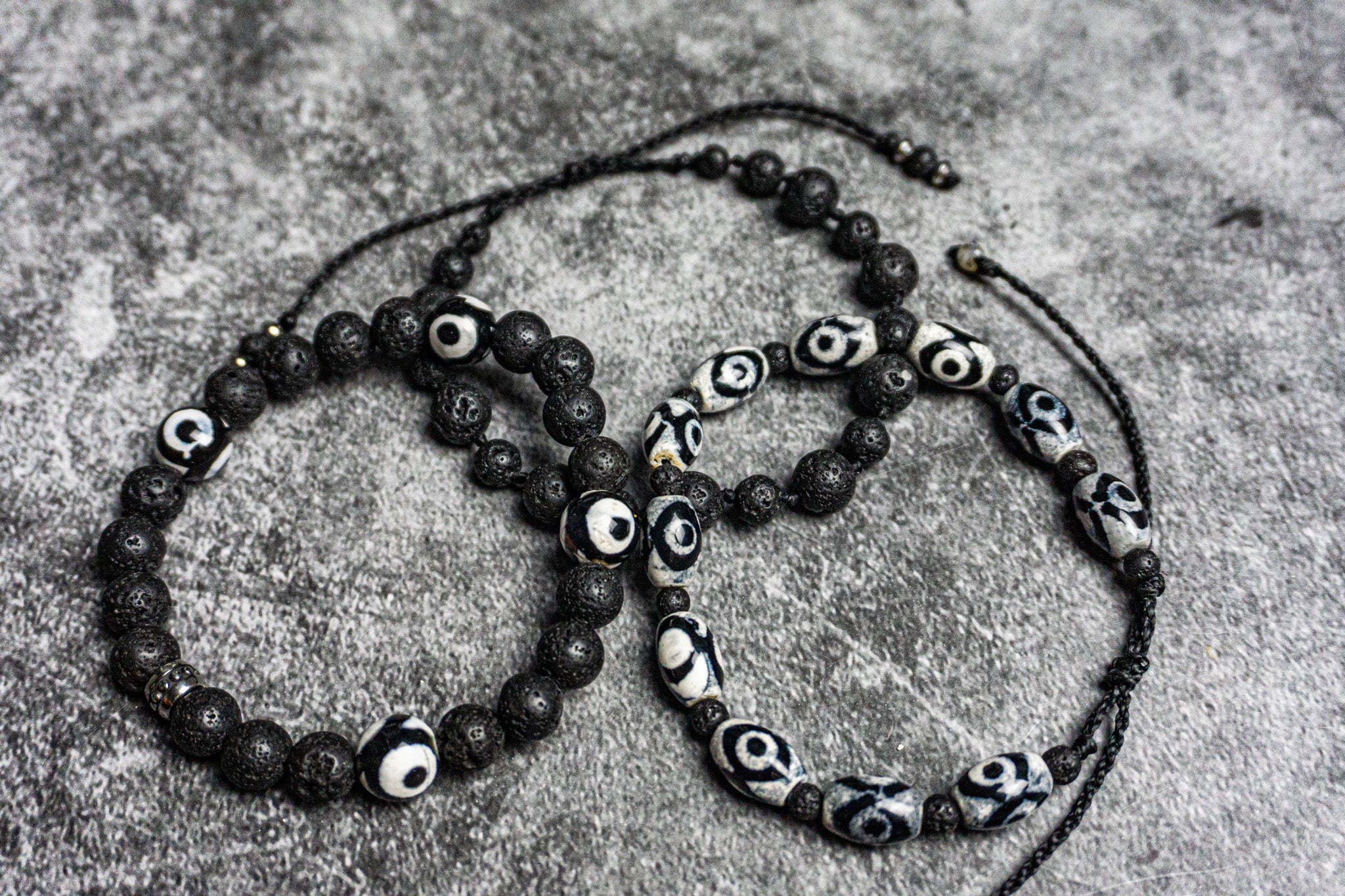 black beaded lava stone triple bracelet set with agate gemstones - wander jewellery