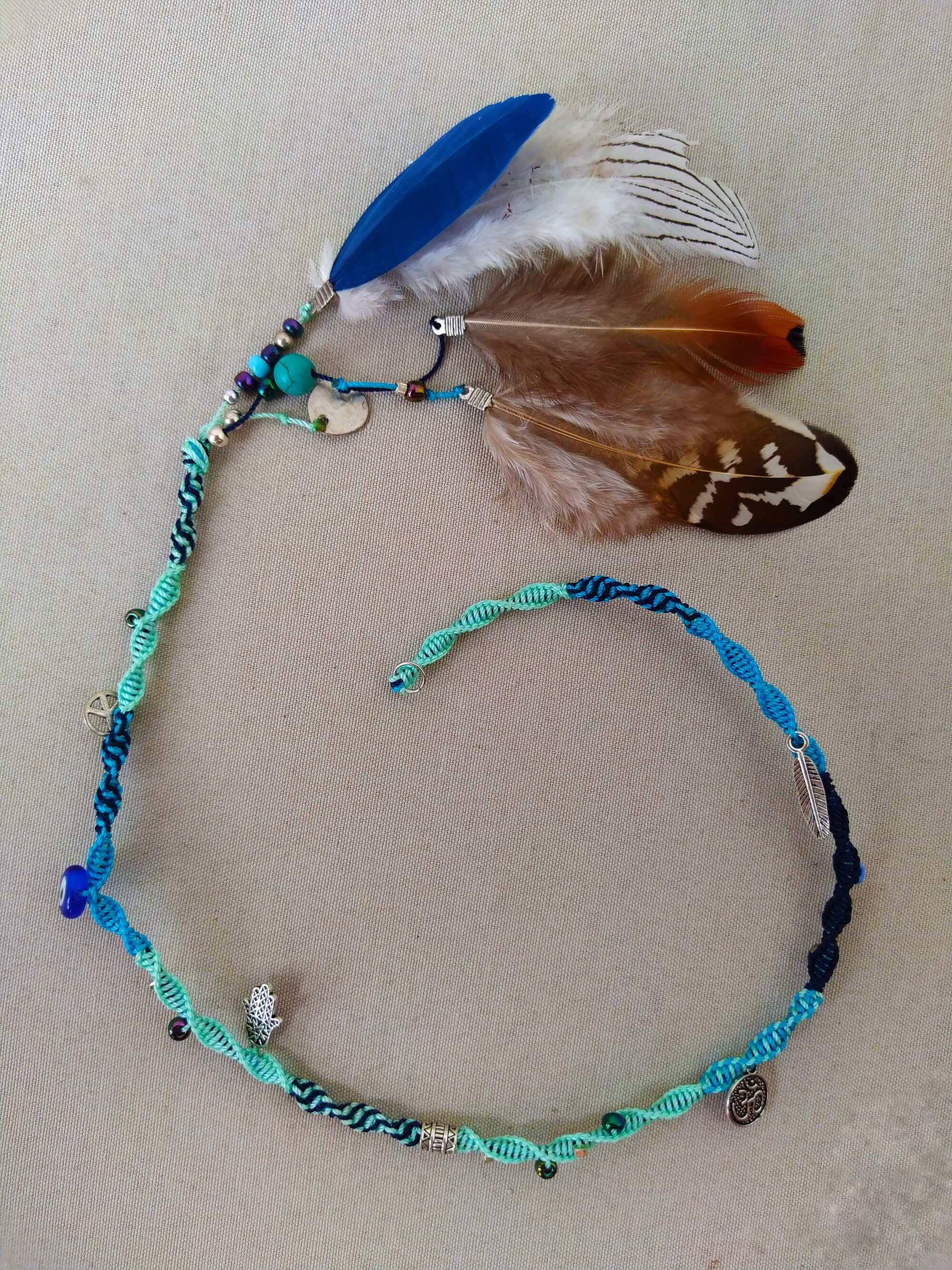 boho clip in blue hair wrap extension with natural feathers and charms- wander jewellery