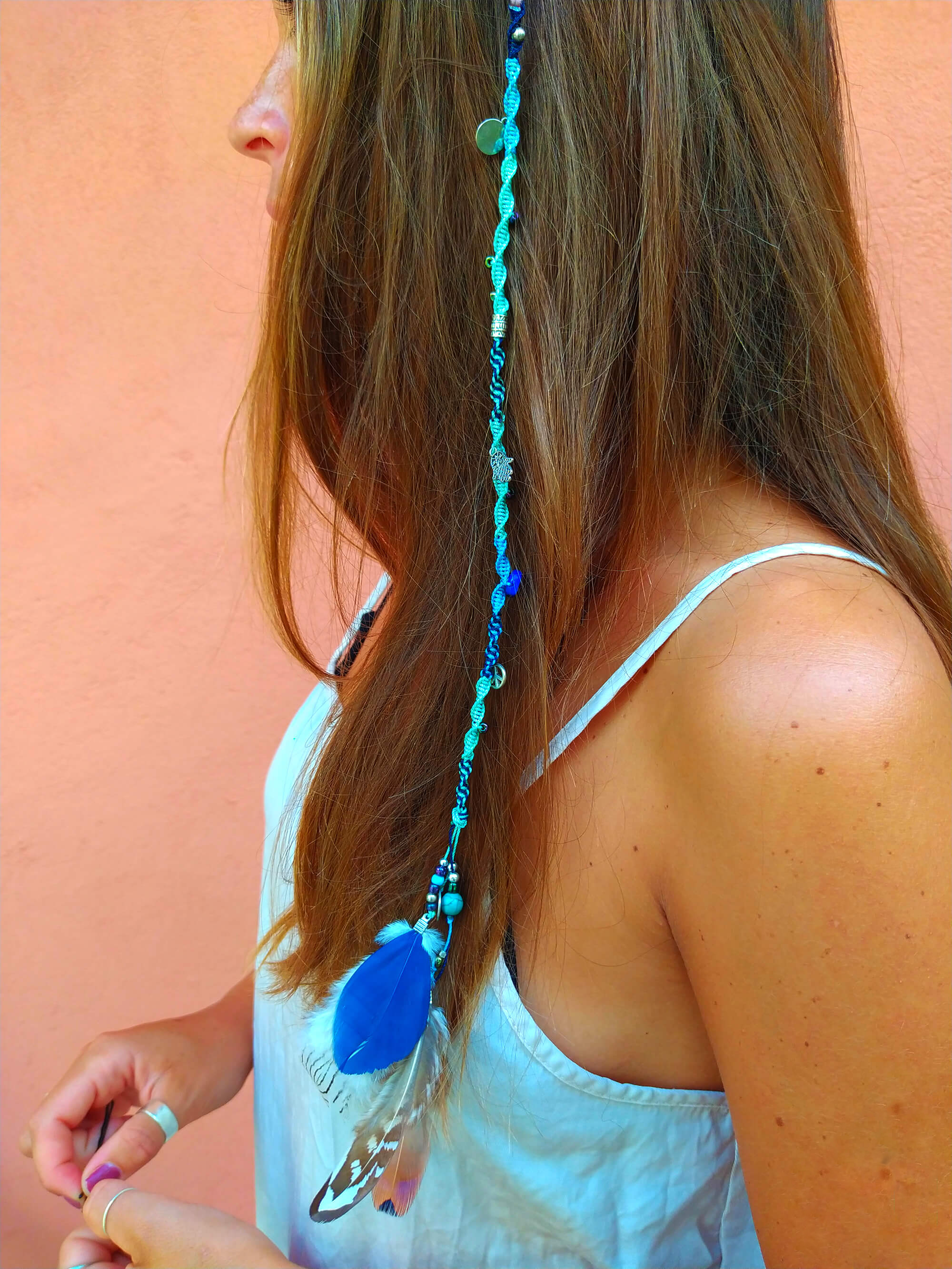 womens boho clip in blue hair wrap extension with feathers and charms- wander jewellery