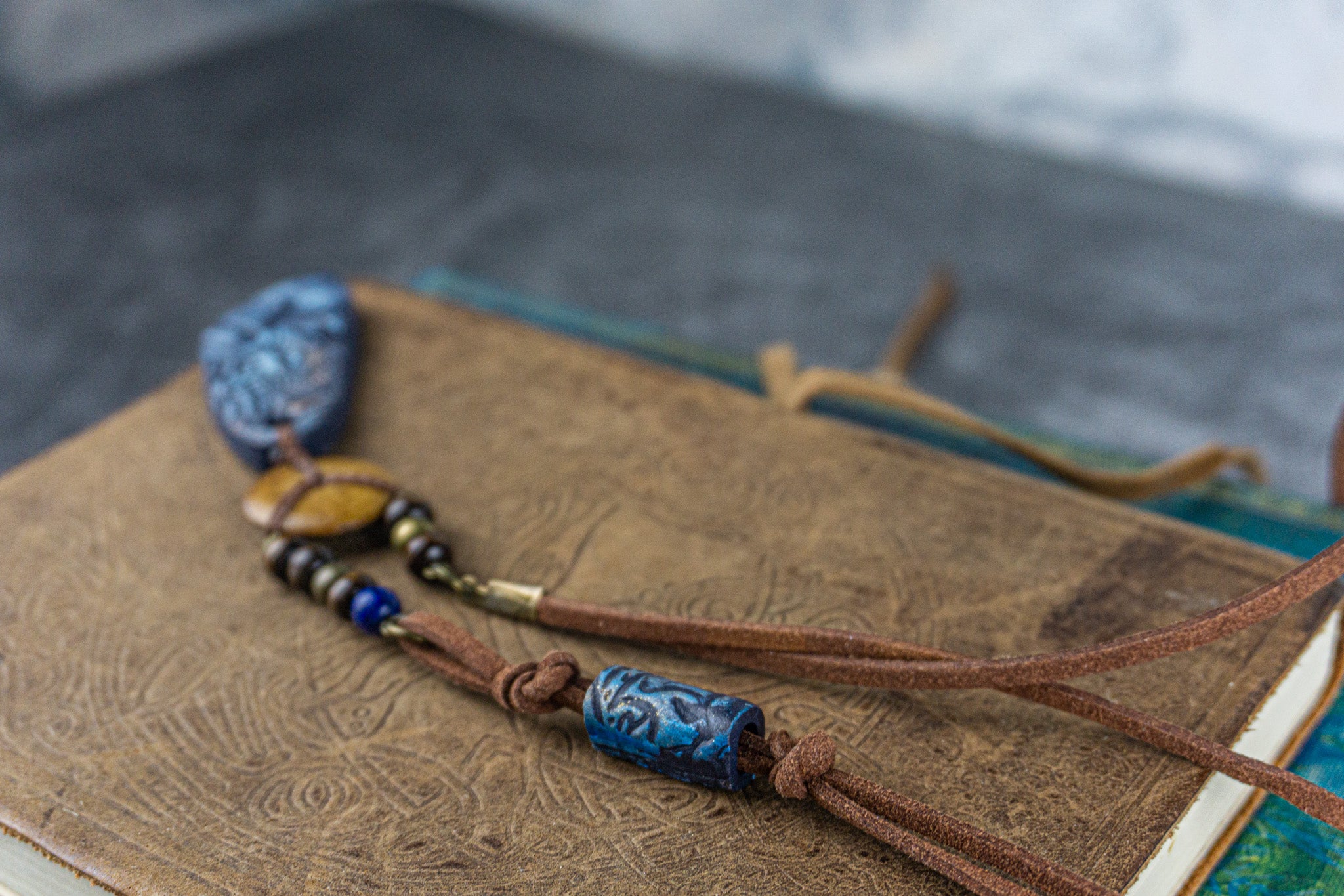 faux leather blue handmade pendant necklace- wander jewellery