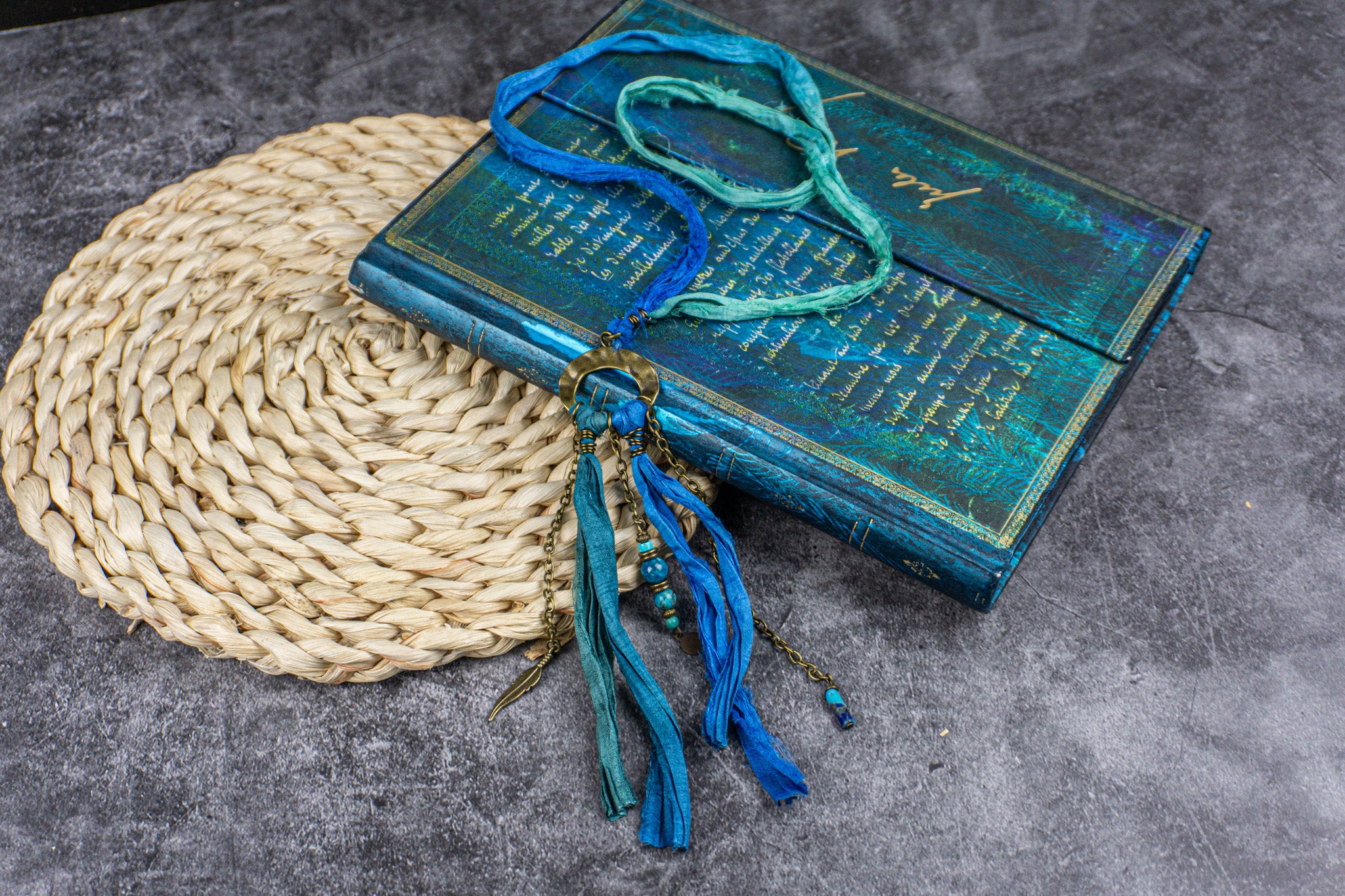 Bohemian charm necklace with African turquoise jasper, lapis lazuli, and recycled sari silk – Wander Jewellery