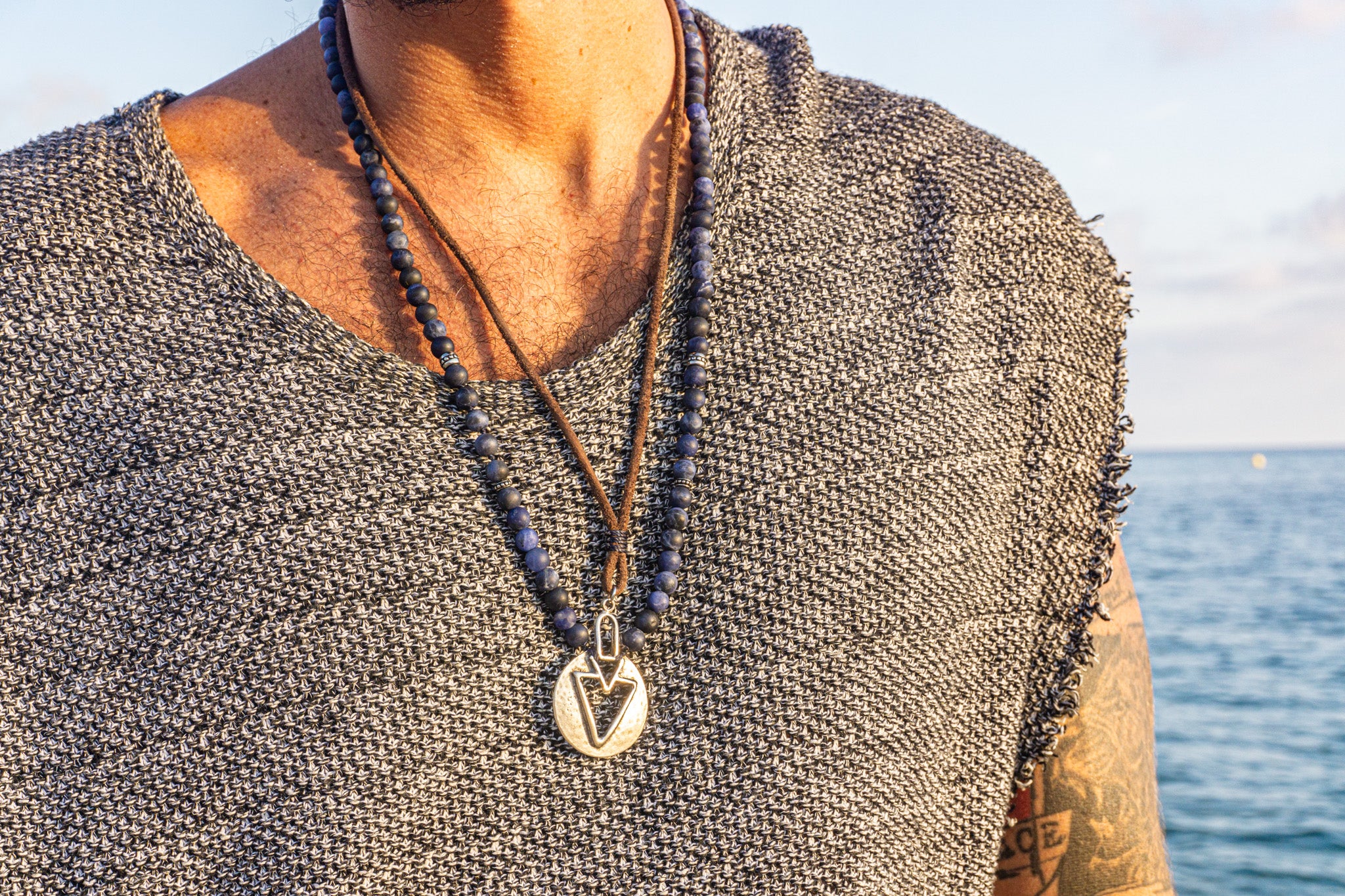 mens sodalite gemstone and leather necklace set with silver arrow pendant- wander jewellery