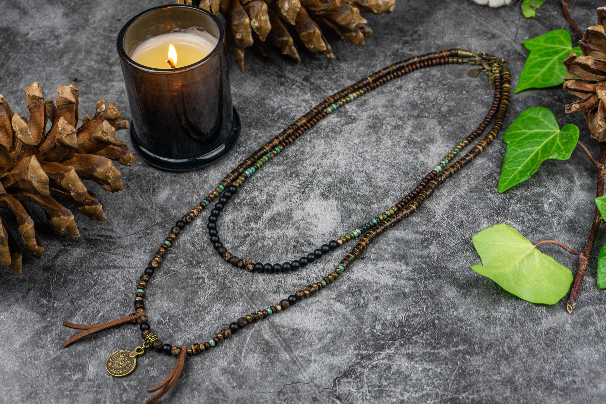 long beaded layered necklace set made of gemstone and wooden beads- wander jewellery 