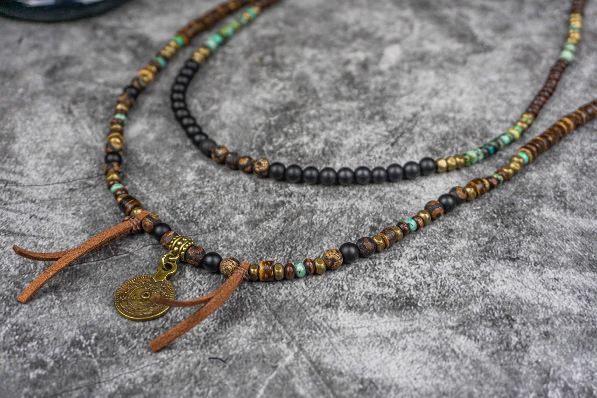 boho mens long beaded layered necklace set with ncient coin pendant- wander jewellery 