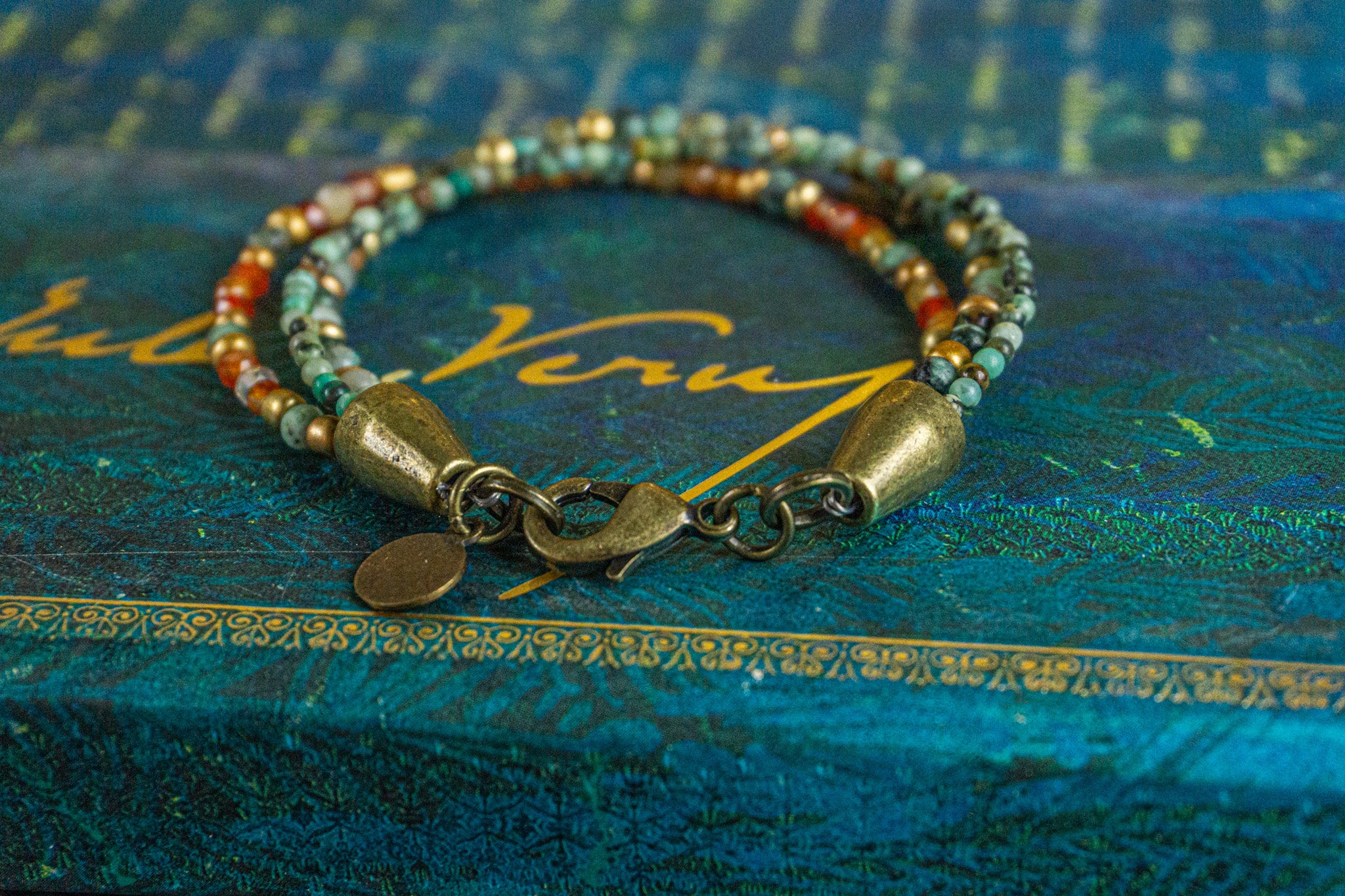 womens boho charm beaded bracelet with orange canelian and green african turquoise jasper gemstone - wander jewellery