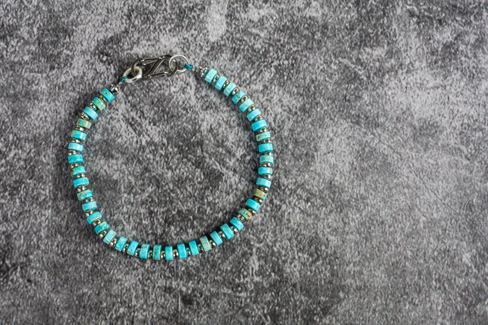 turquoise imperial jasper and stainless steel waterproof heishi bead bracelet- wander jewellery