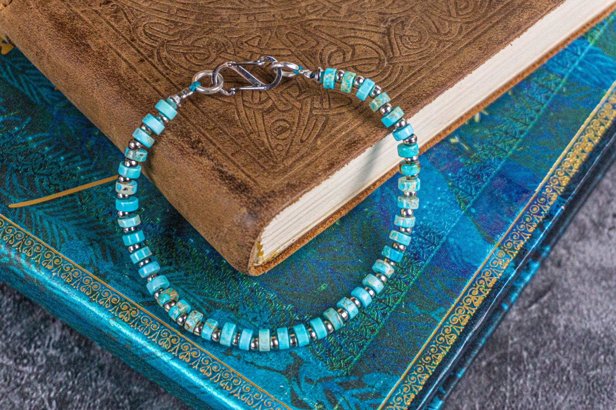 turquoise imperial jasper and stainless steel waterproof heishi bead gemstone bracelet- wander jewellery