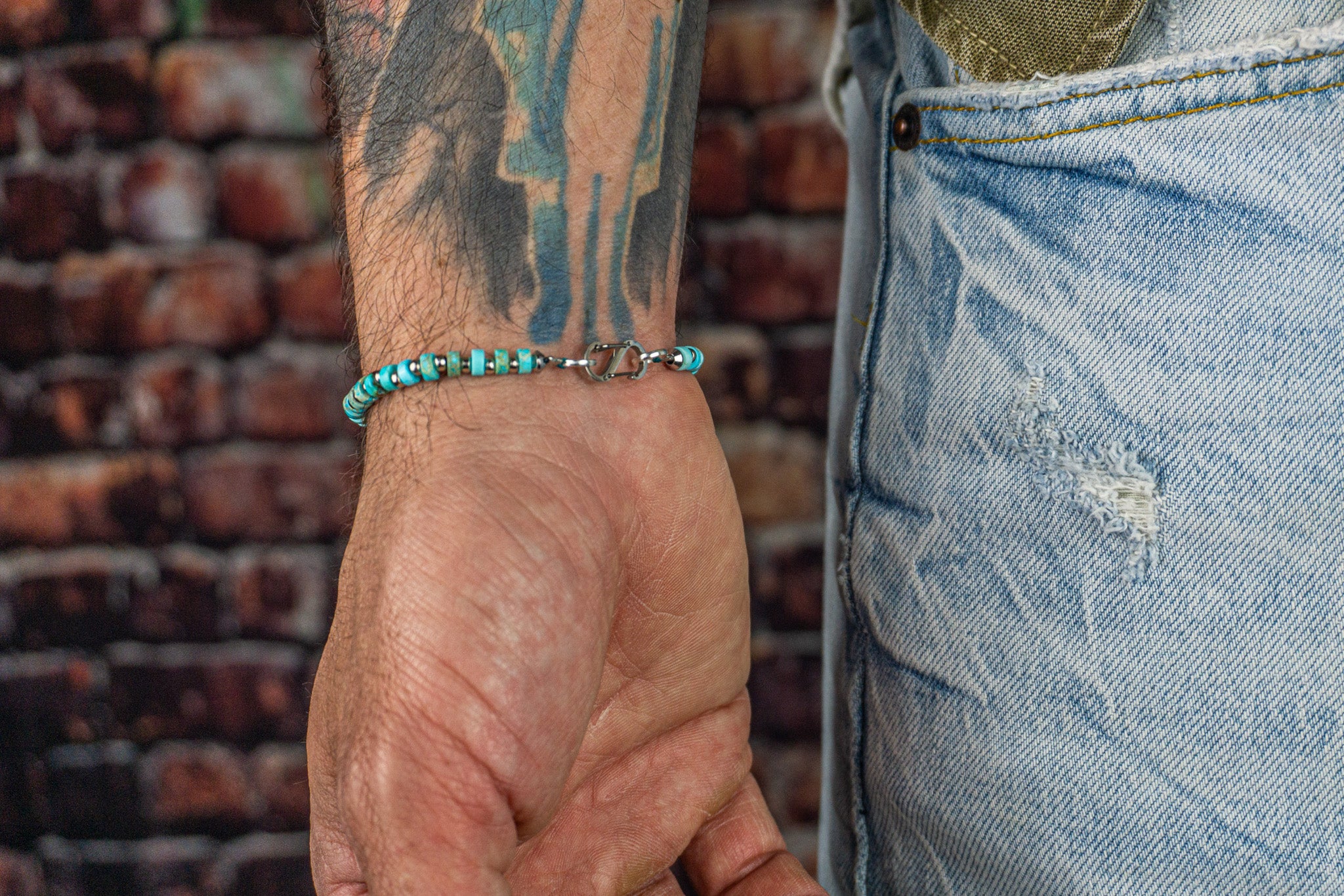 turquoise and stainless steel waterproof heishi bead gemstone bracelet- wander jewellery