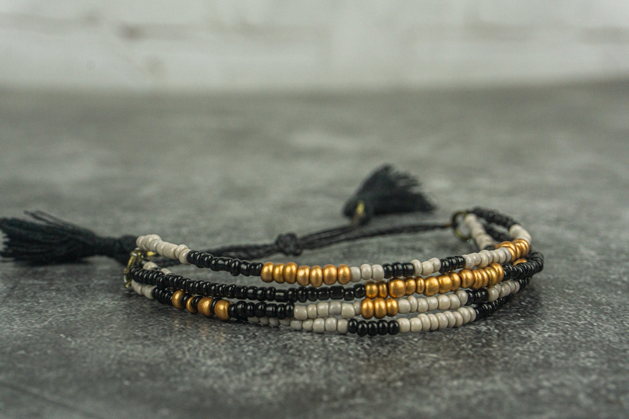 black white and gold multi strand adjustable boho chic bracelet- wander jewellery